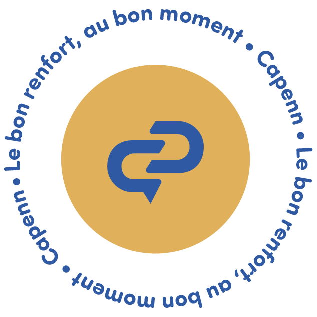 Un cercle jaune avec en son centre un logo avec symbole bleu, texte en français autour disant 'Capenn. Le bon renfort au bon moment ! Capenn. Le bon renfort au bon moment !'.