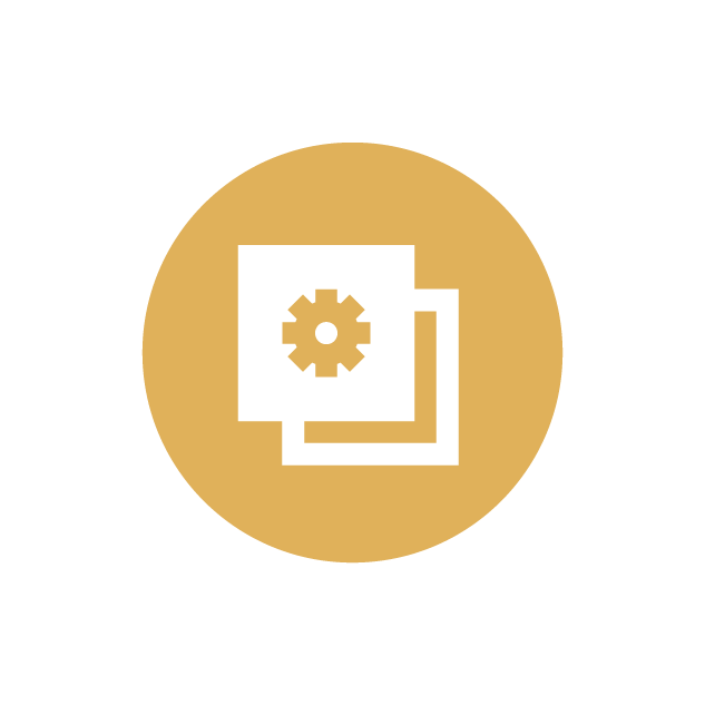 Cercle jaune avec en son centre une icône blanche représentant deux papiers superposés avec une roue dentée jaune, entourée d'une inscription en français : "Capenn. Le bon renfort au bon moment !"