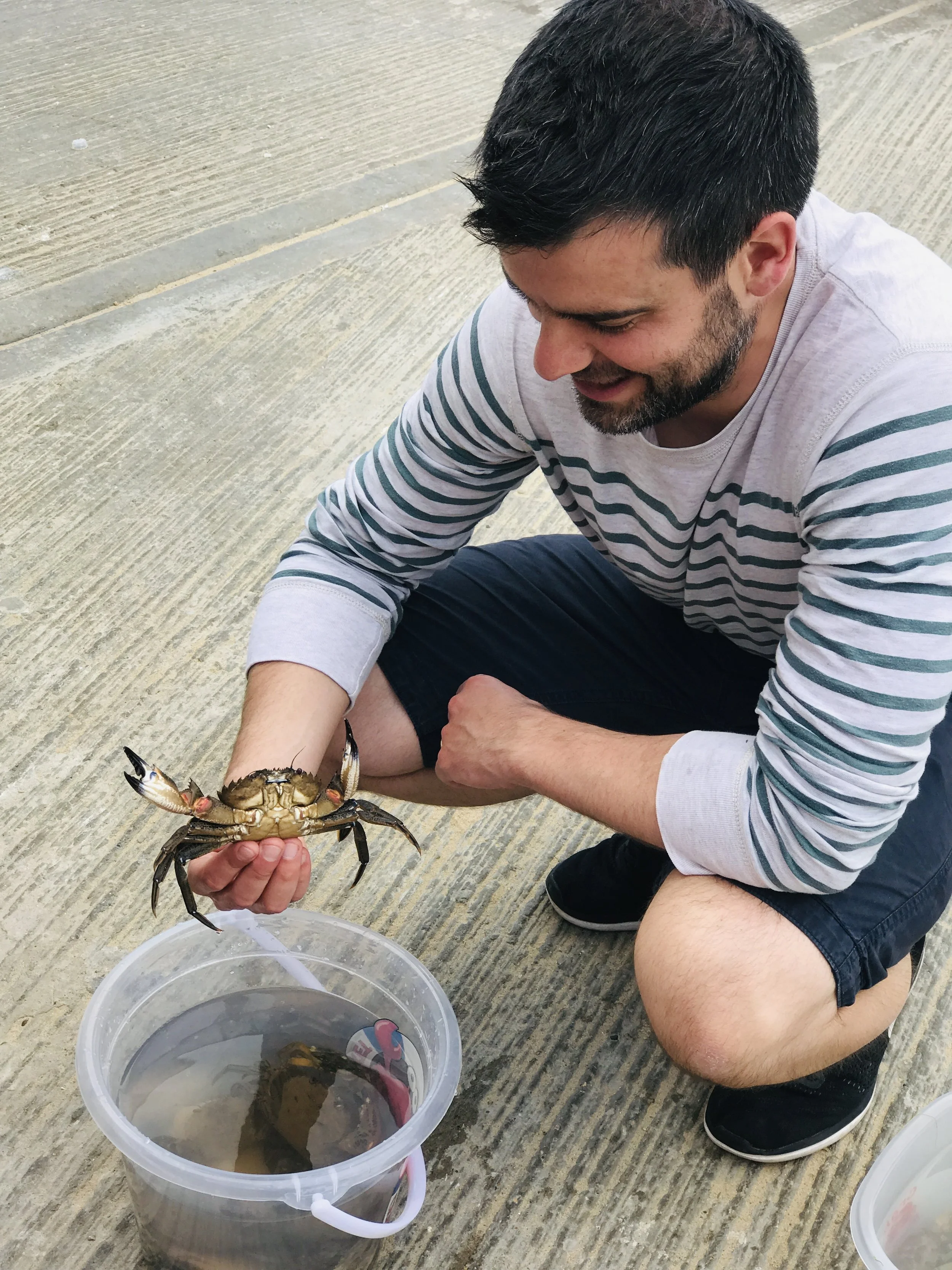Celebrating the crabs we have caught from crabbing off Cromer Pier and now releasing them back into the sea