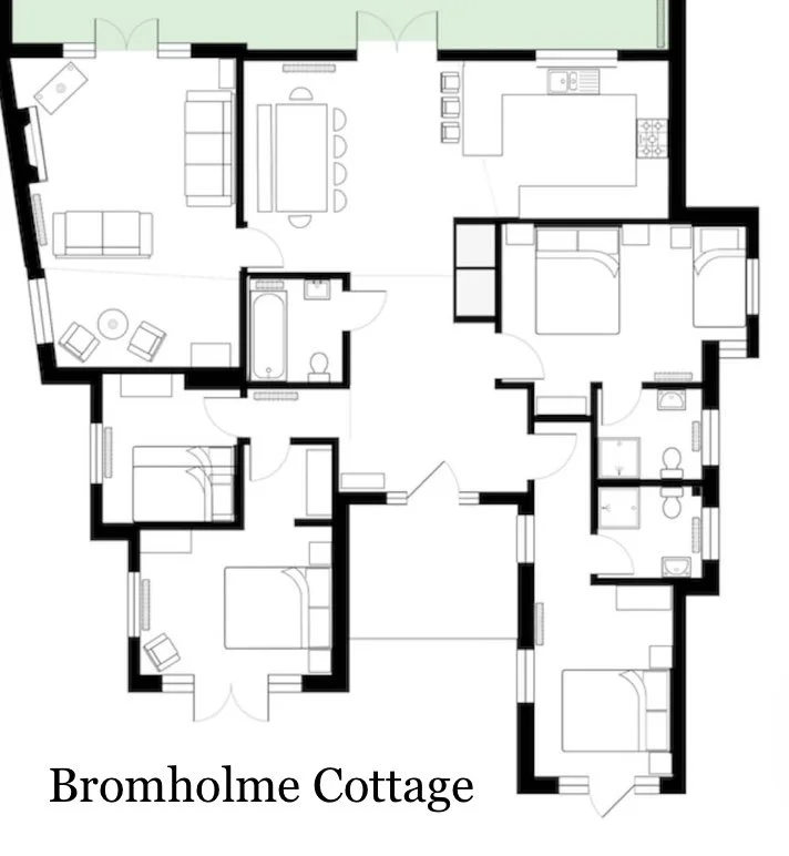 Floor plan of Bromholme Cottage featuring living room, dining area, kitchen, three bedrooms, two bathrooms, and additional rooms.