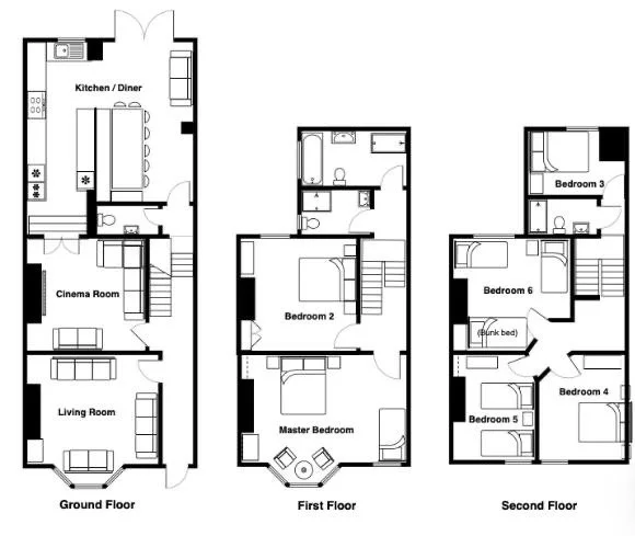 Floor plan of Coast House, Cromer, a multi-story house showing the ground, first, and second floors with rooms labeled as kitchen/diner, cinema room, living room, bedrooms, bathrooms, and a desk