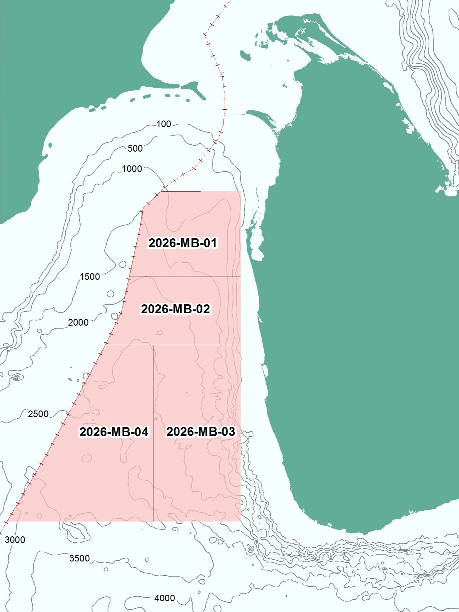 Map showing a section of the ocean floor with contour lines, a dotted red line, and labeled zones 2026-MB-01 through 2026-MB-04 highlighted in pink.