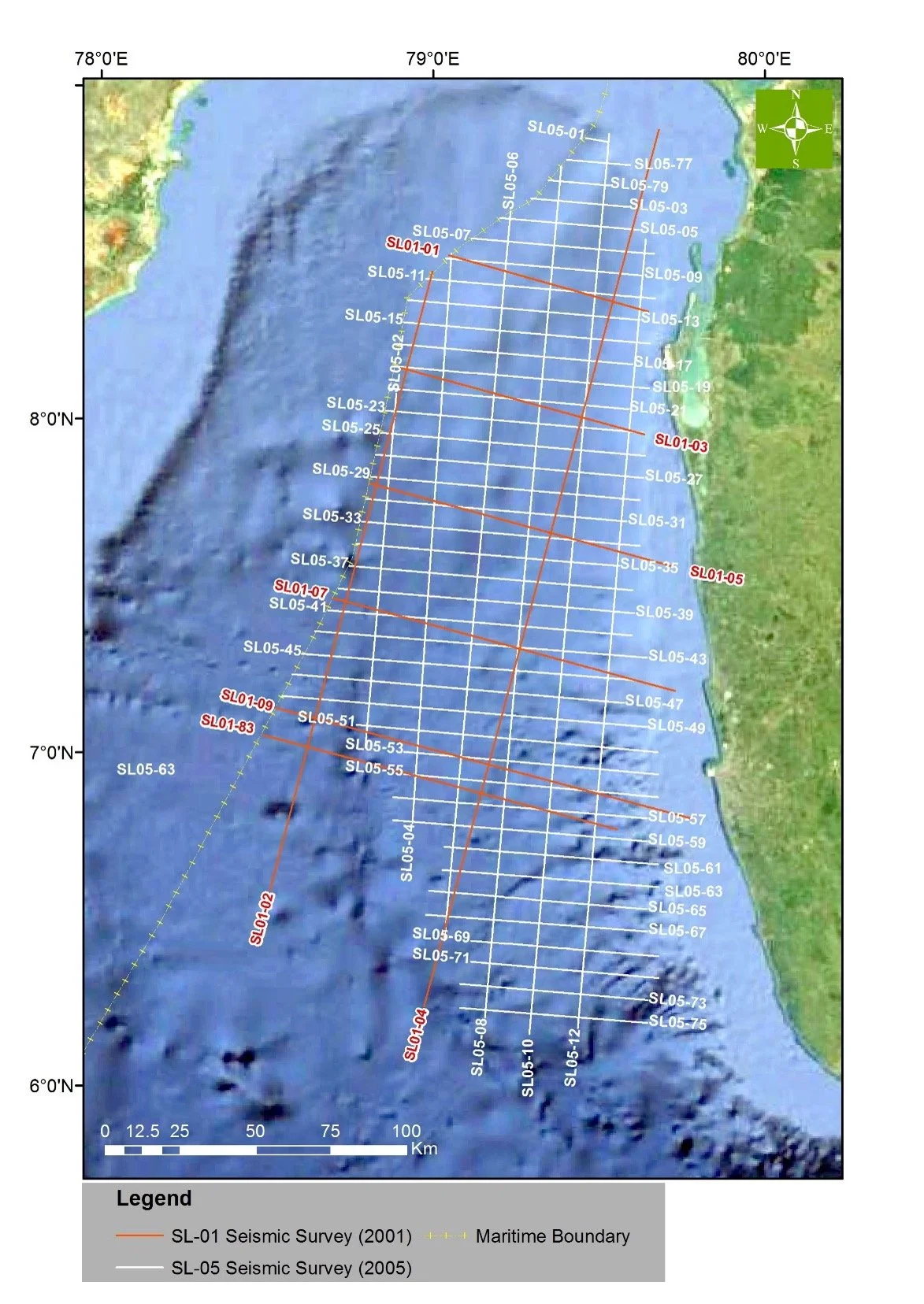 Satellite map showing seismic survey lines and maritime boundary along the coast, with latitude and longitude lines, a green landmass on the right, and blue ocean water.