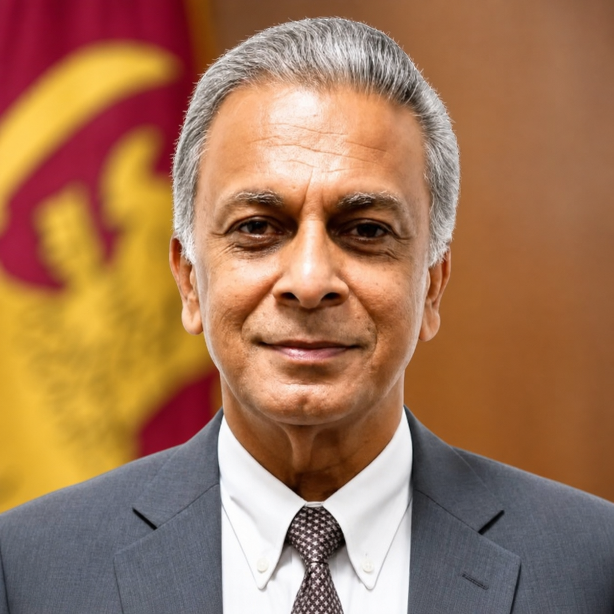 A middle-aged man with gray hair in a suit and tie, standing in front of a red and yellow flag.