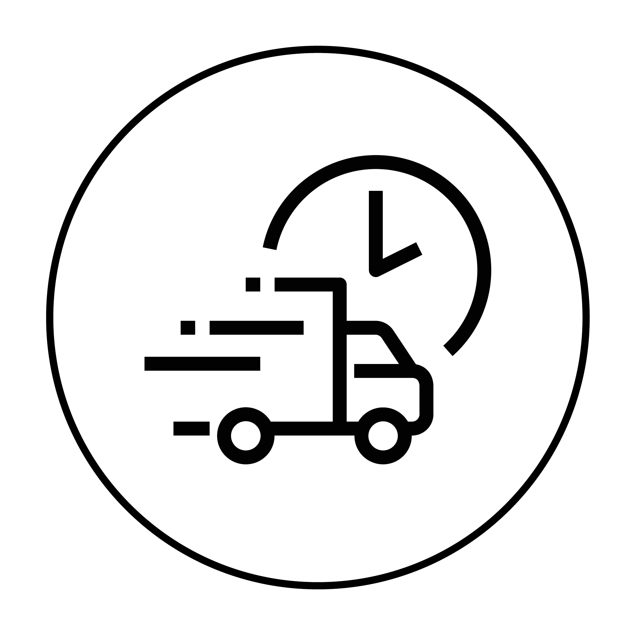 Icon of a delivery truck moving quickly with a clock in the background, symbolizing fast delivery service.