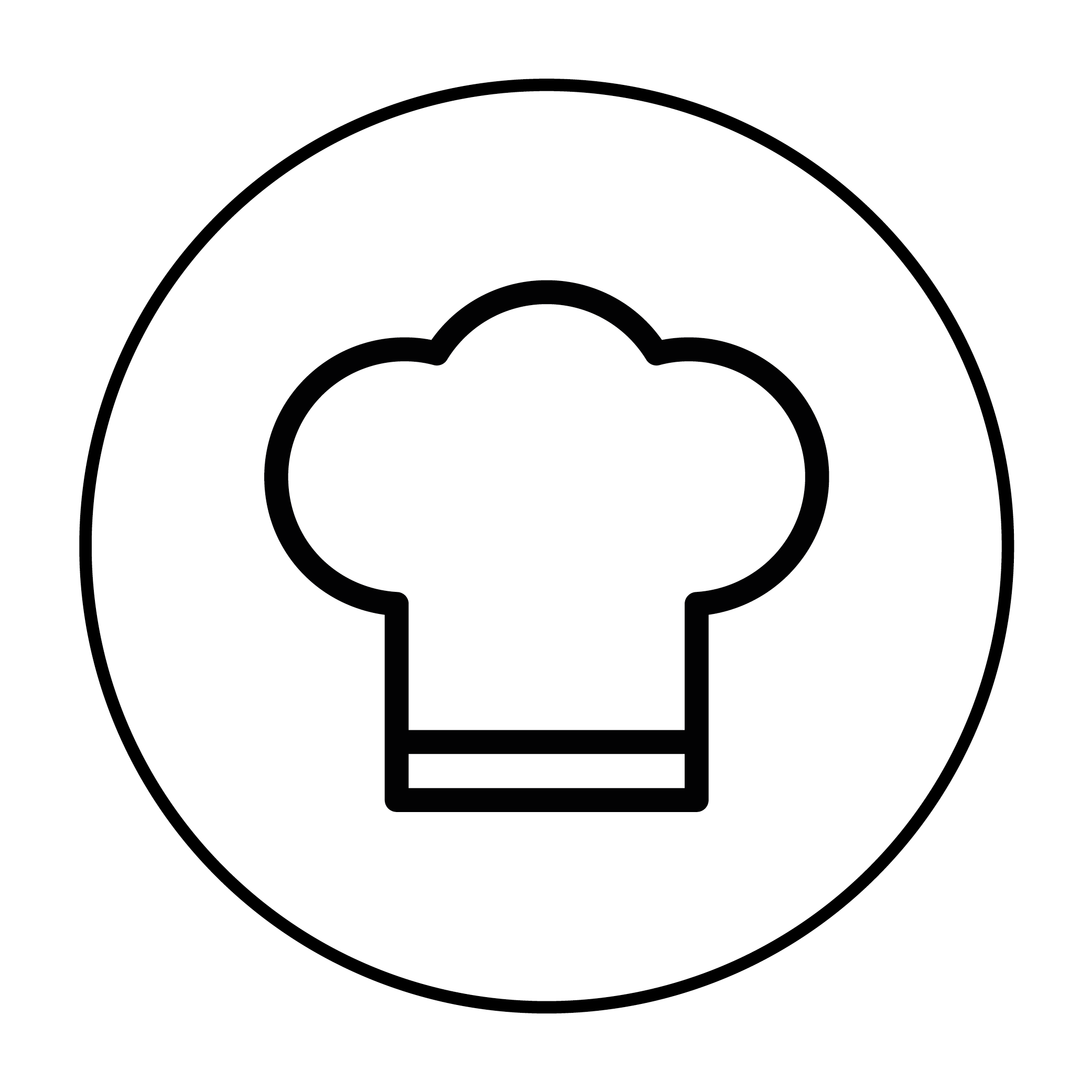 Black outline of a chef's hat inside a circle.