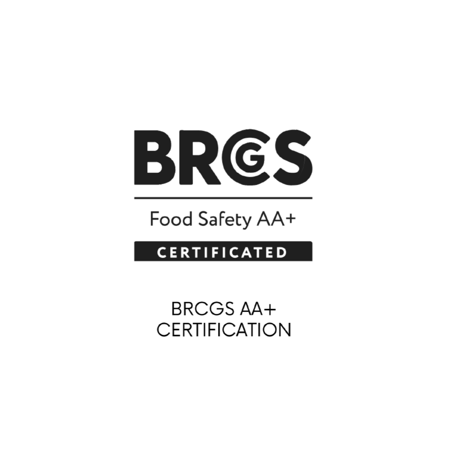 Text indicating BRCGS AA+ certification for food safety, with the logo and certification details.
