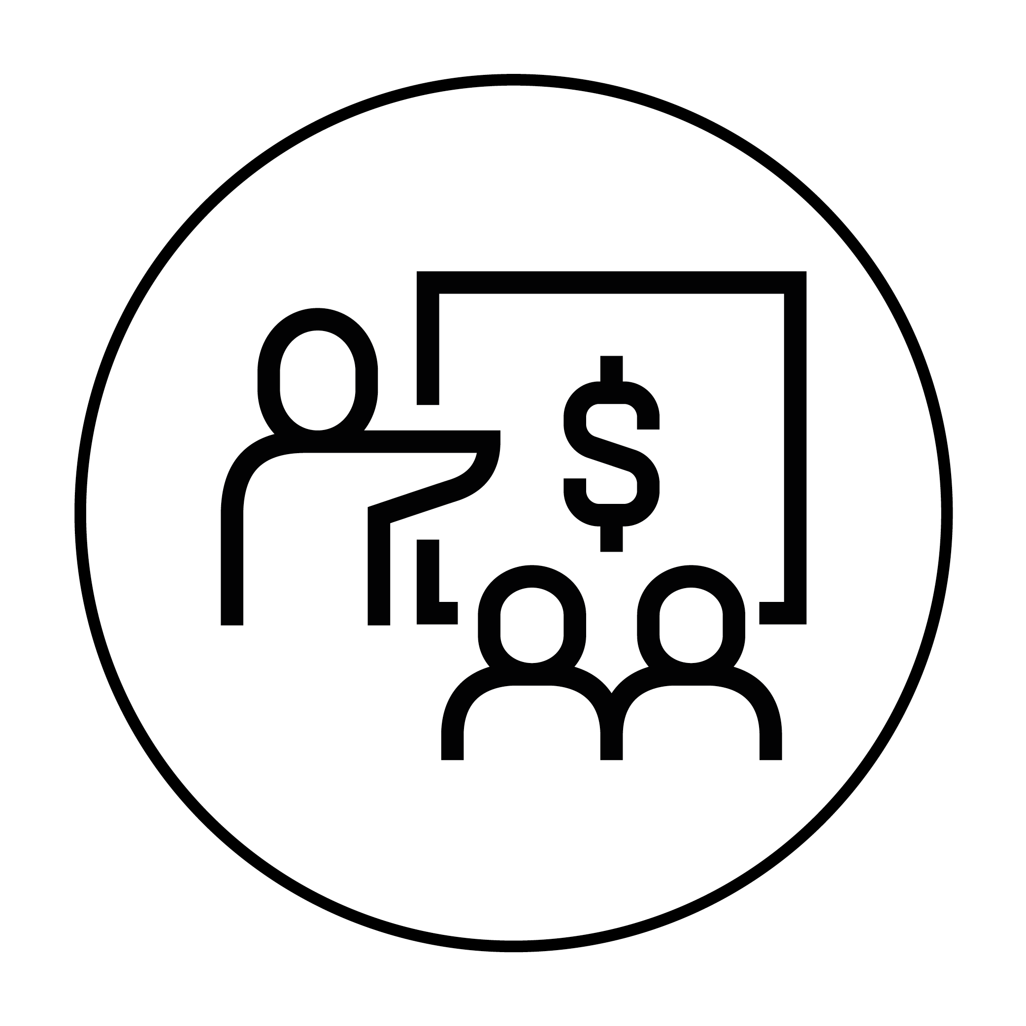 A person giving a presentation to two people with a dollar sign on a board.