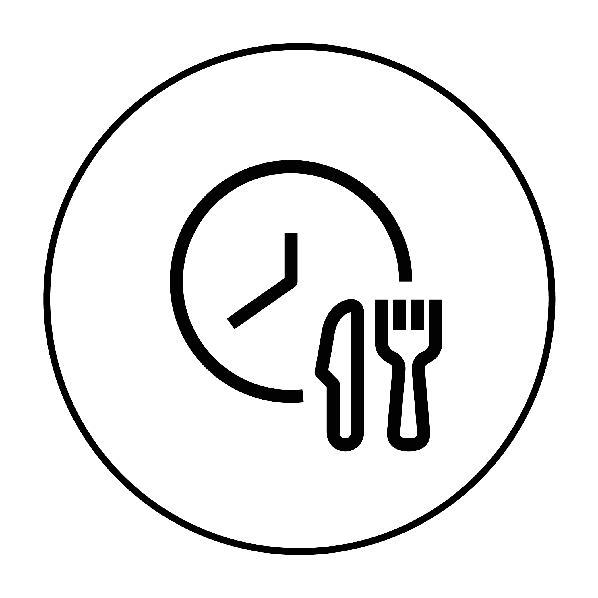 Icon of a clock with a fork and knife, representing meal times or dining schedule.