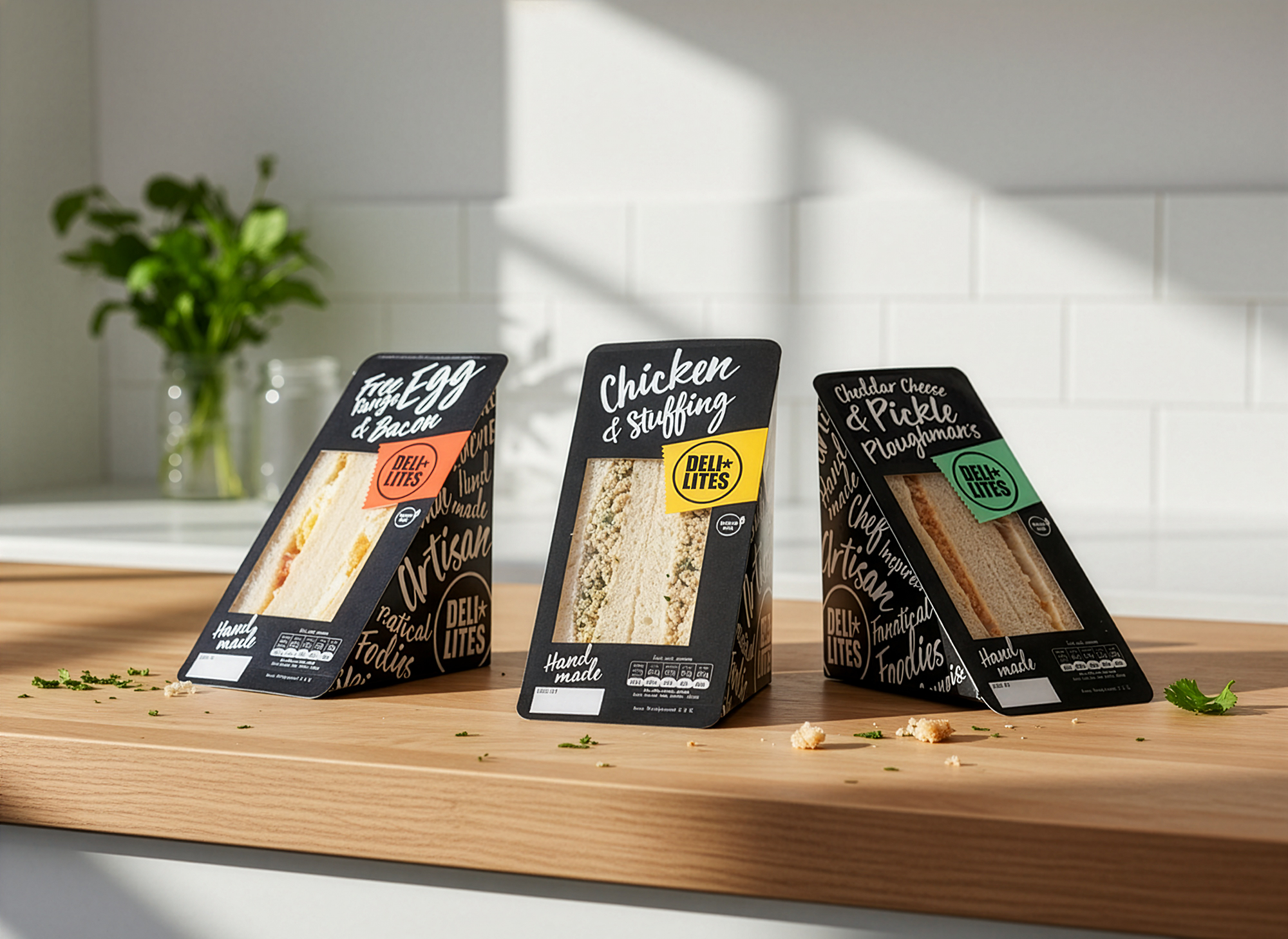 DELI LITES packaged core range sandwiches on a wooden surface in a kitchen, with a green plant in a glass jar in the background.