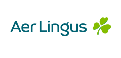Aer Lingus logo with blue text and a green shamrock symbol.