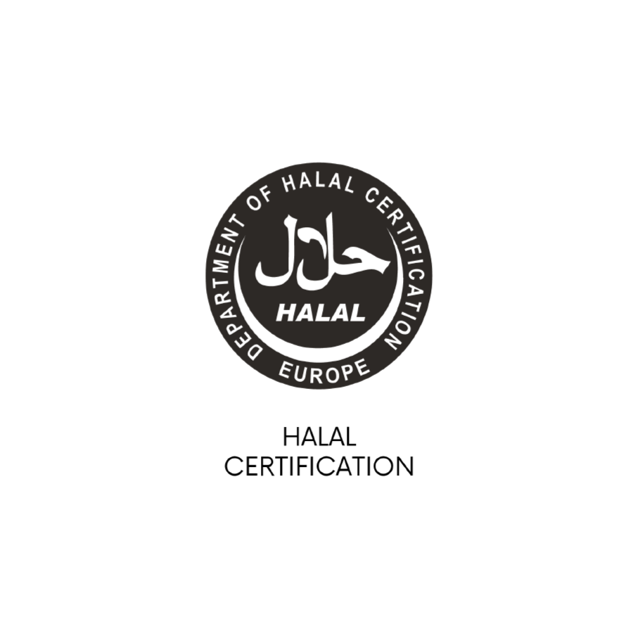 Halal certification badge from the Department of Halal Certification Europe, featuring a black and white circular logo with Arabic script and the word 'HALAL' in both Arabic and English, along with the text 'HALAL CERTIFICATION' below.