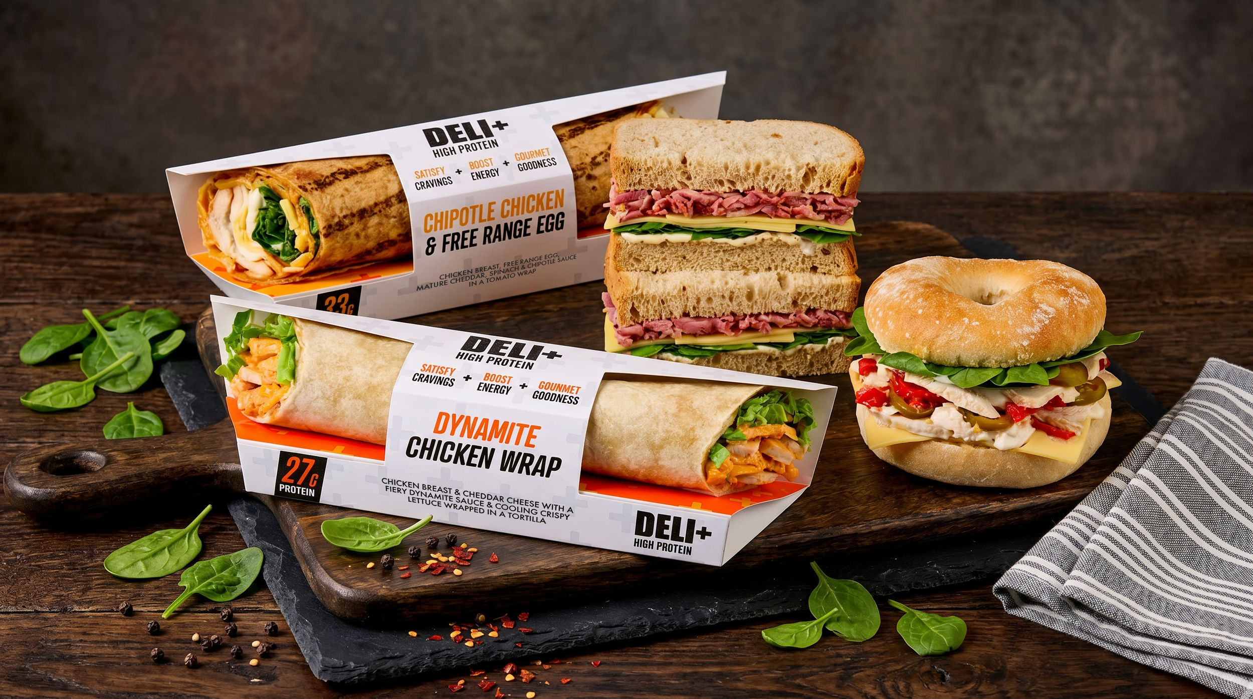 Selection of high protein Deli+ Delilites products on a table. Bagels, wraps and sandwiches,