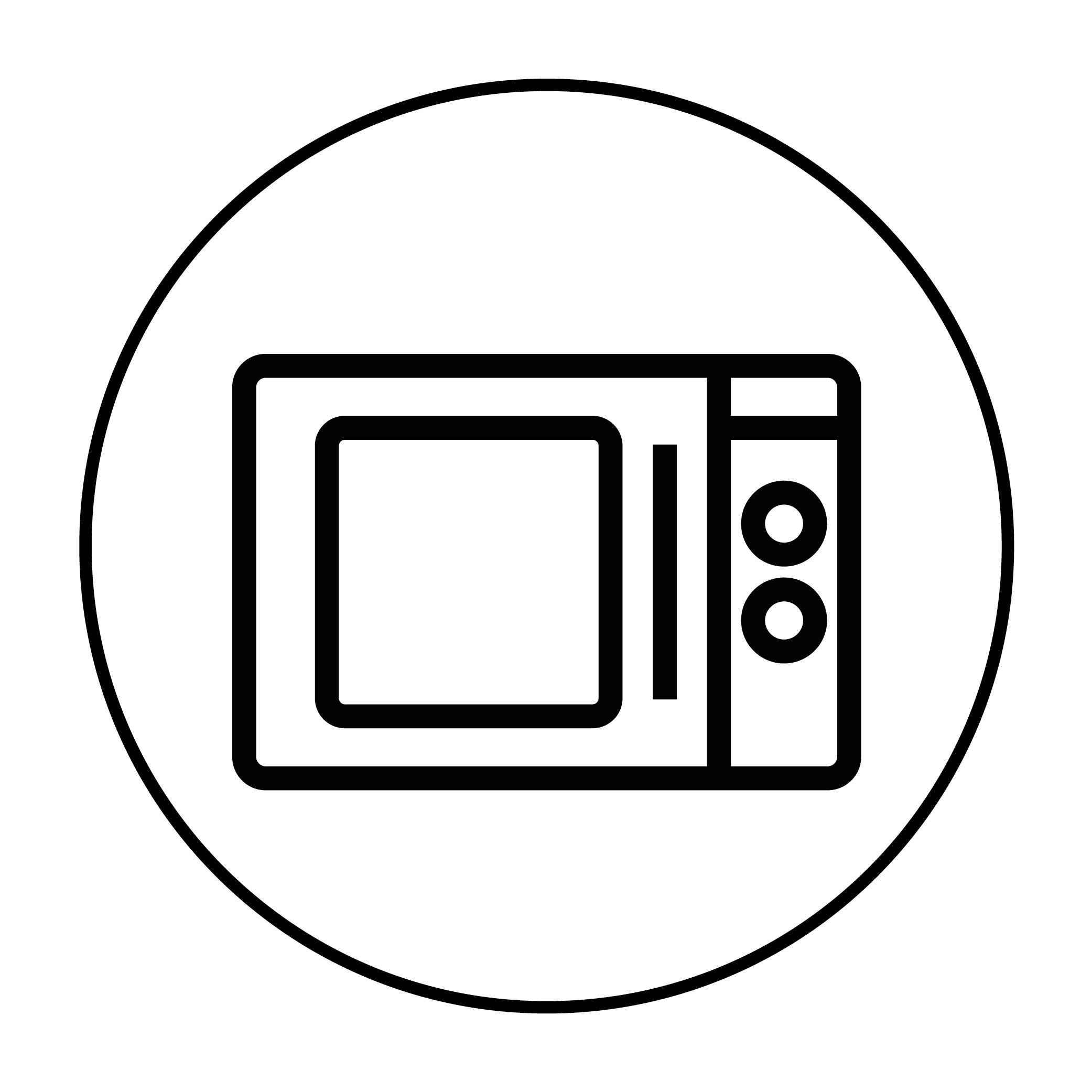 Line drawing of a microwave oven inside a circle.
