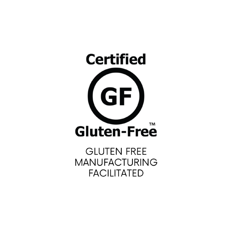 Certification label indicating the product is gluten-free and manufactured in a facility that is gluten-free.