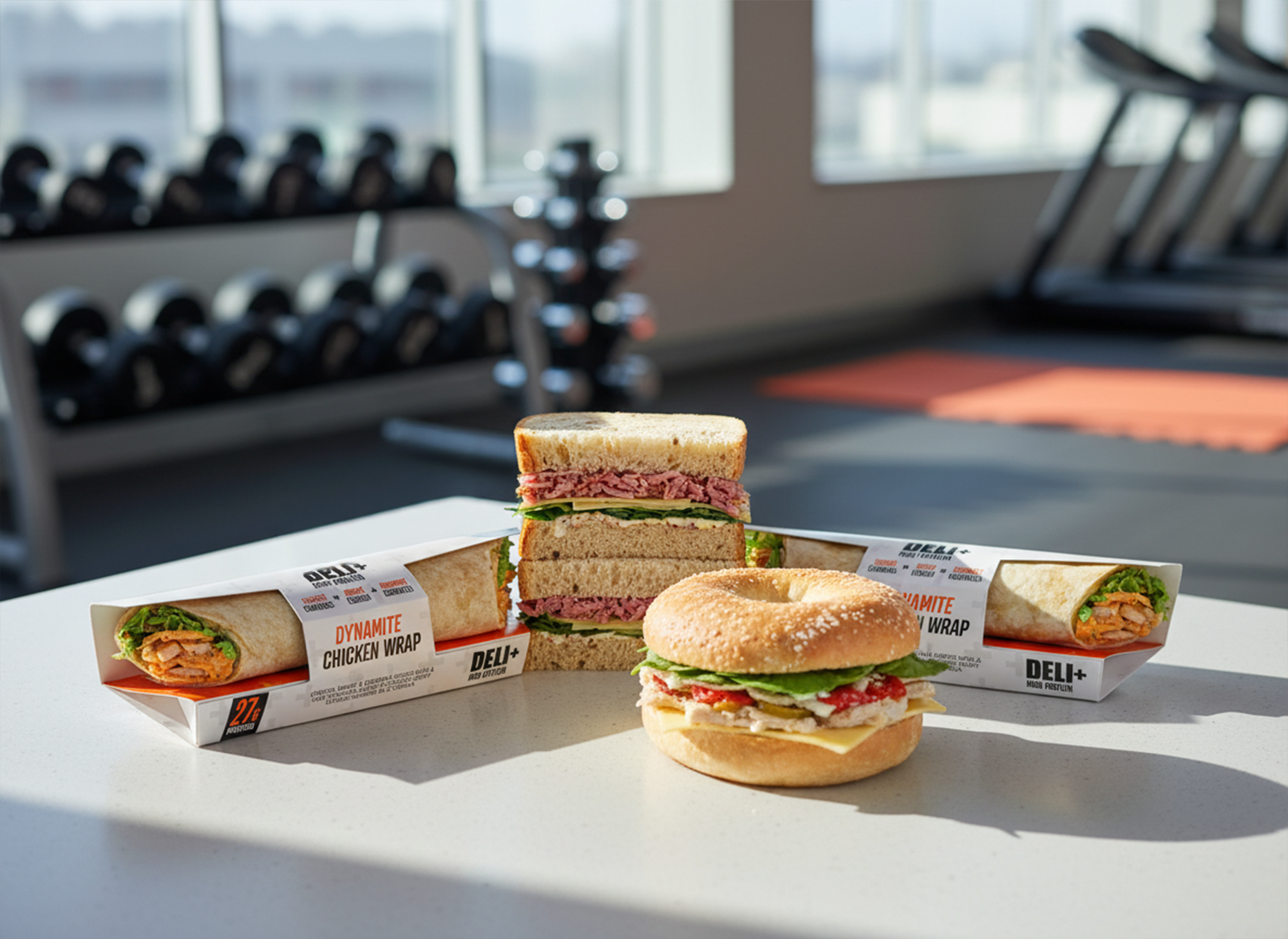 DELI+ High Protein range by DELI LITES, a Fiery Turkey Bagel, Irish Pulled Ham Sandwich, and two wrapped wraps, Dynamite Chicken and Free Range Egg and Chicken in a gym setting with fitness equipment and large windows in the background.
