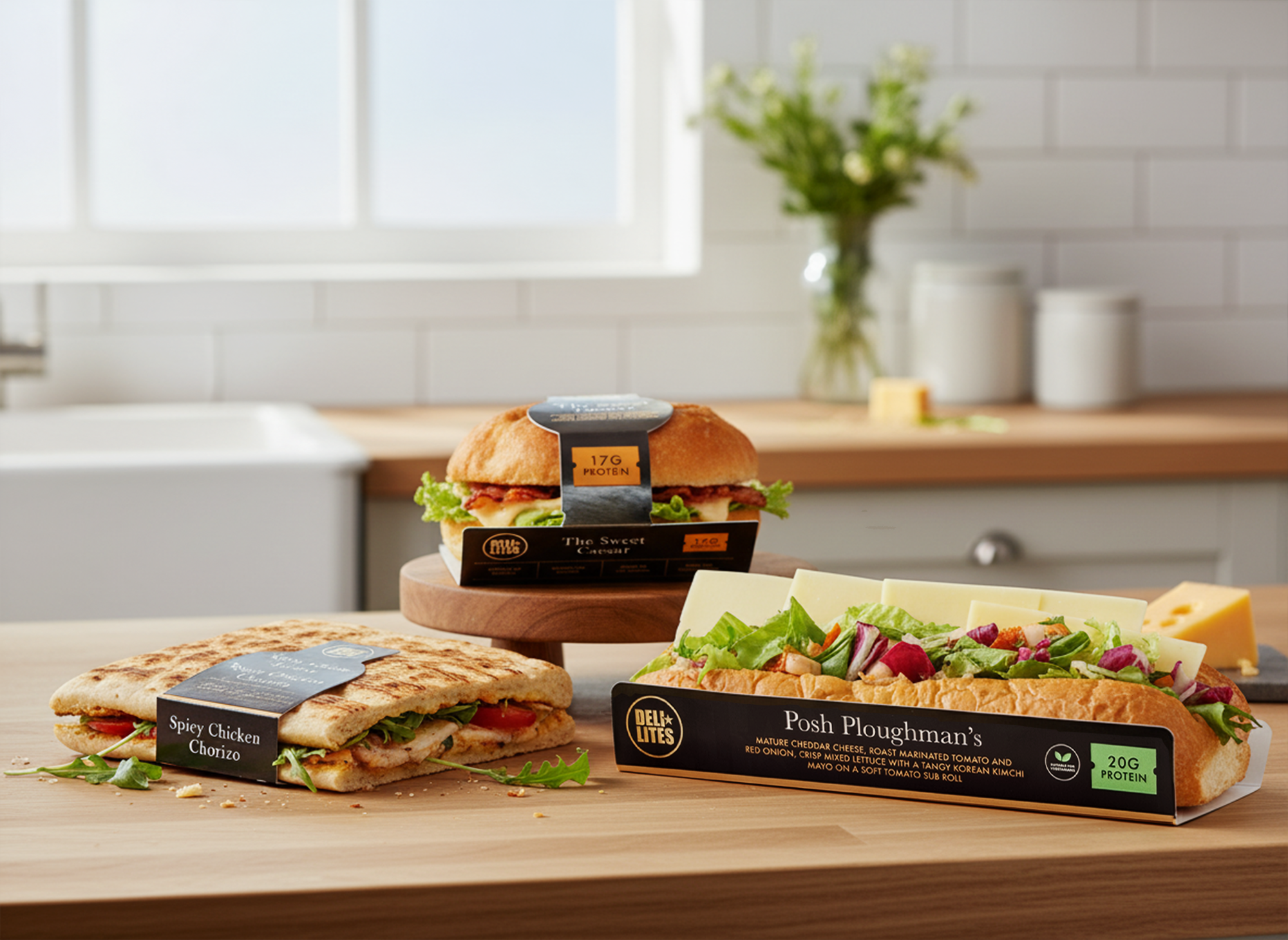 Assorted DELI LITES Gourmet sandwiches and a salad on a wooden kitchen table.