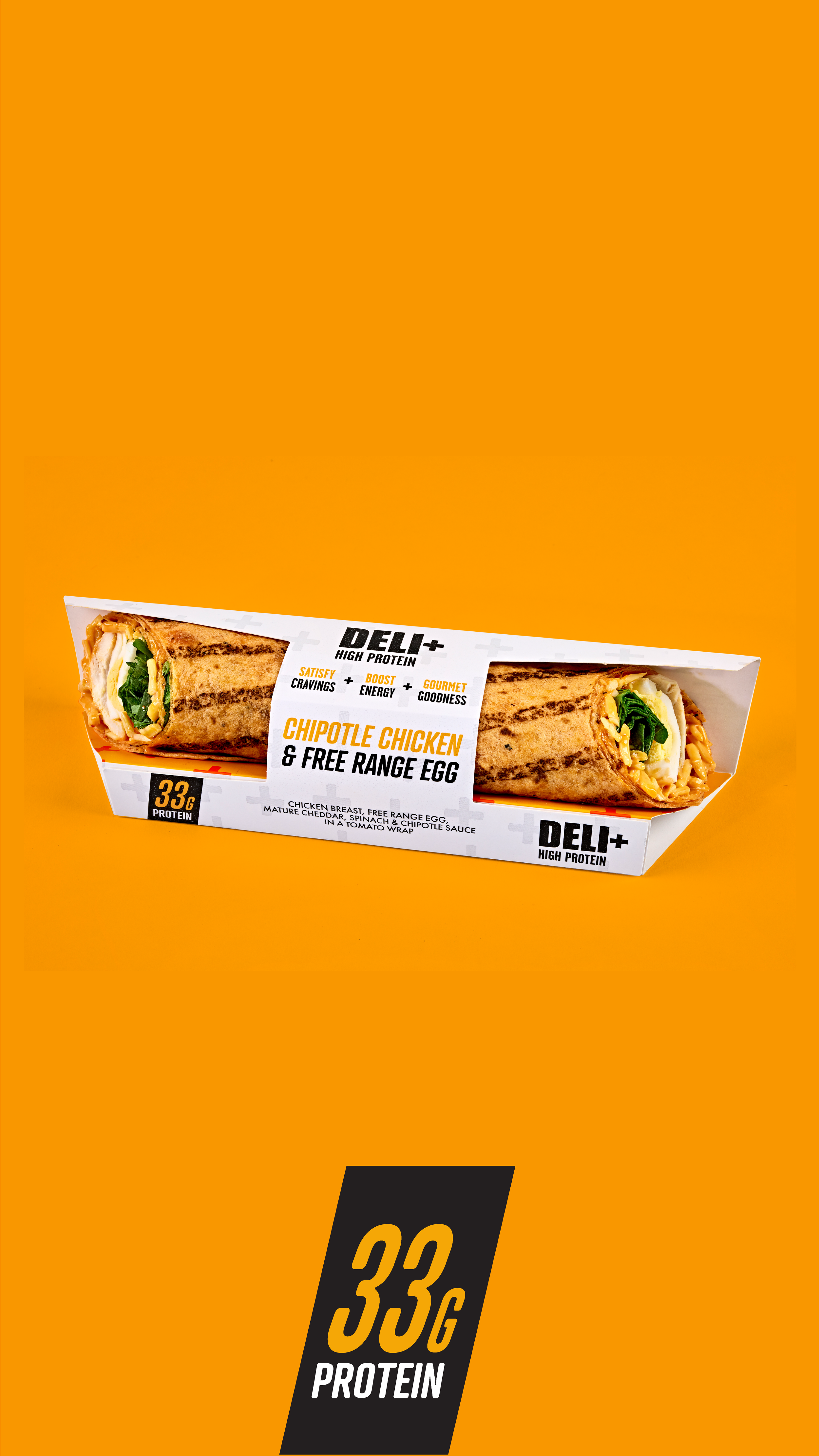 A packaged Chipotle Chicken & Free Range Egg Wrap with high protein content, featuring grilled chicken, spinach, cheddar cheese, and chipotle sauce, displayed against an orange background.
