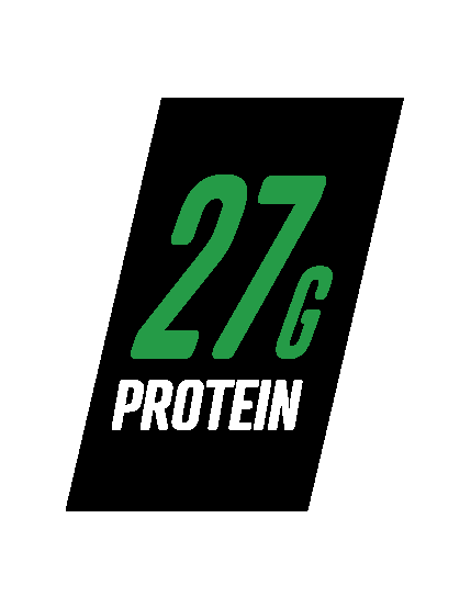 A black background with green and white text promoting 27 grams of protein.