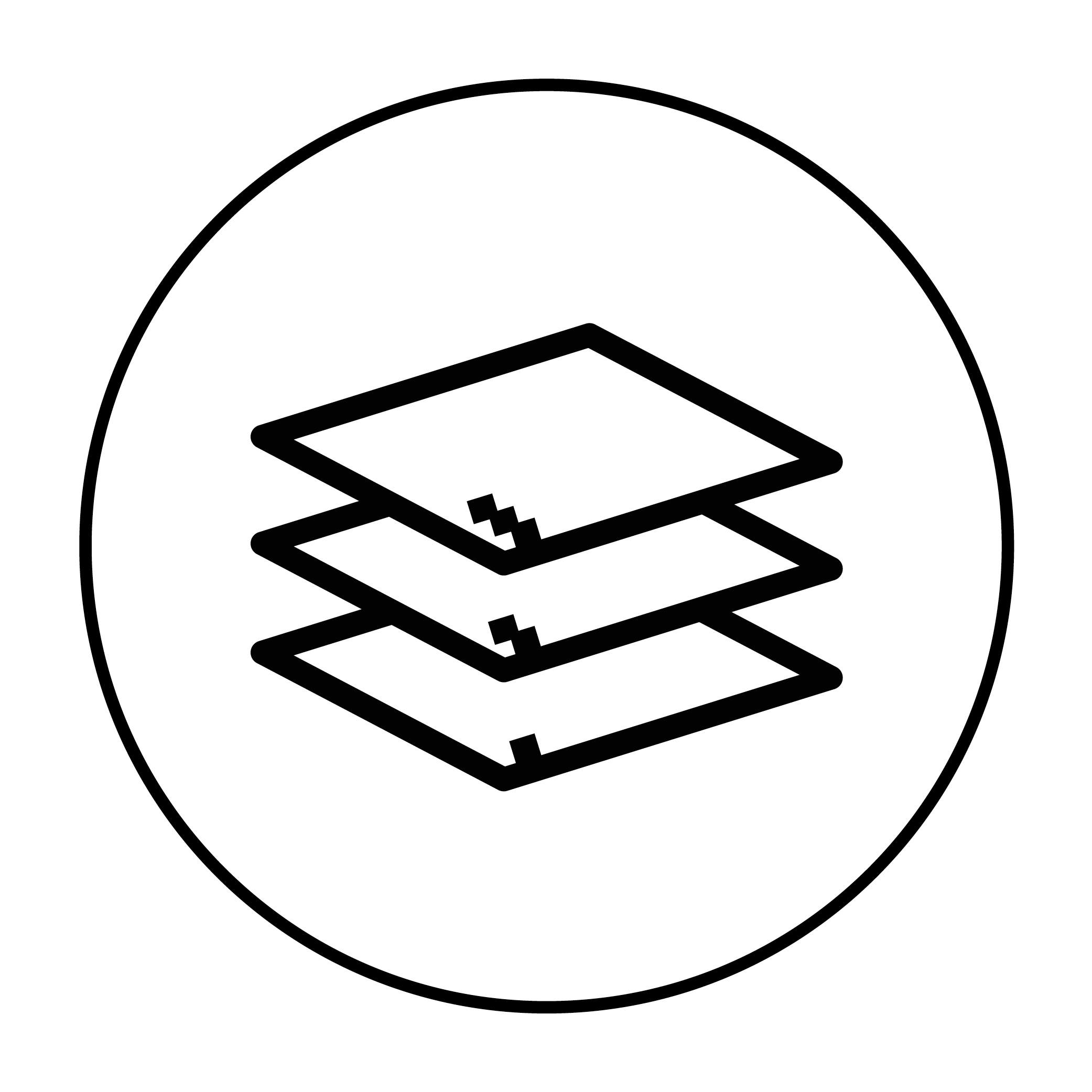Icon of three overlapping sheets of paper inside a circle.