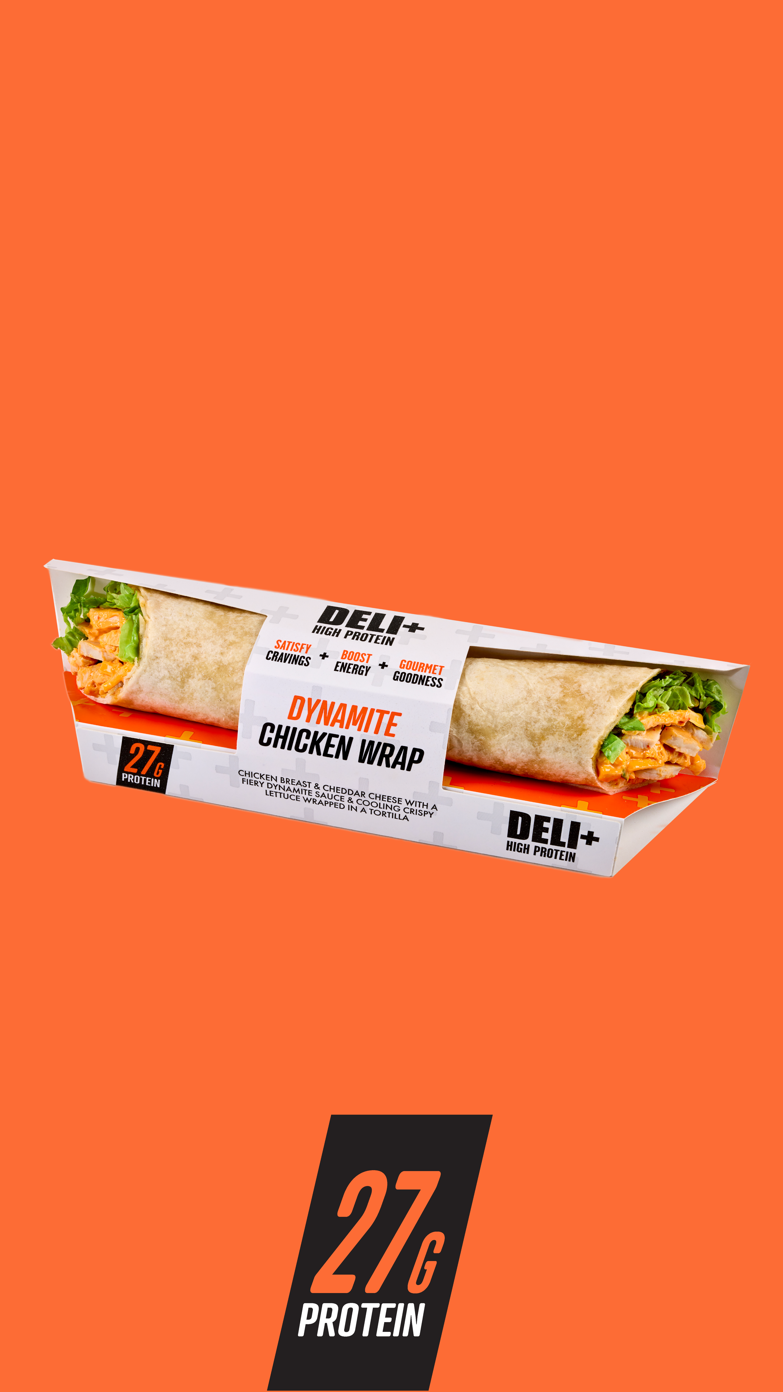 Package of Deli+ High Protein Dynamite Chicken Wrap with visible chicken, lettuce, and sauce inside the wrap against an orange background.
