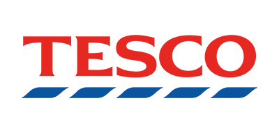 Tesco logo with red text and blue stripes underneath.