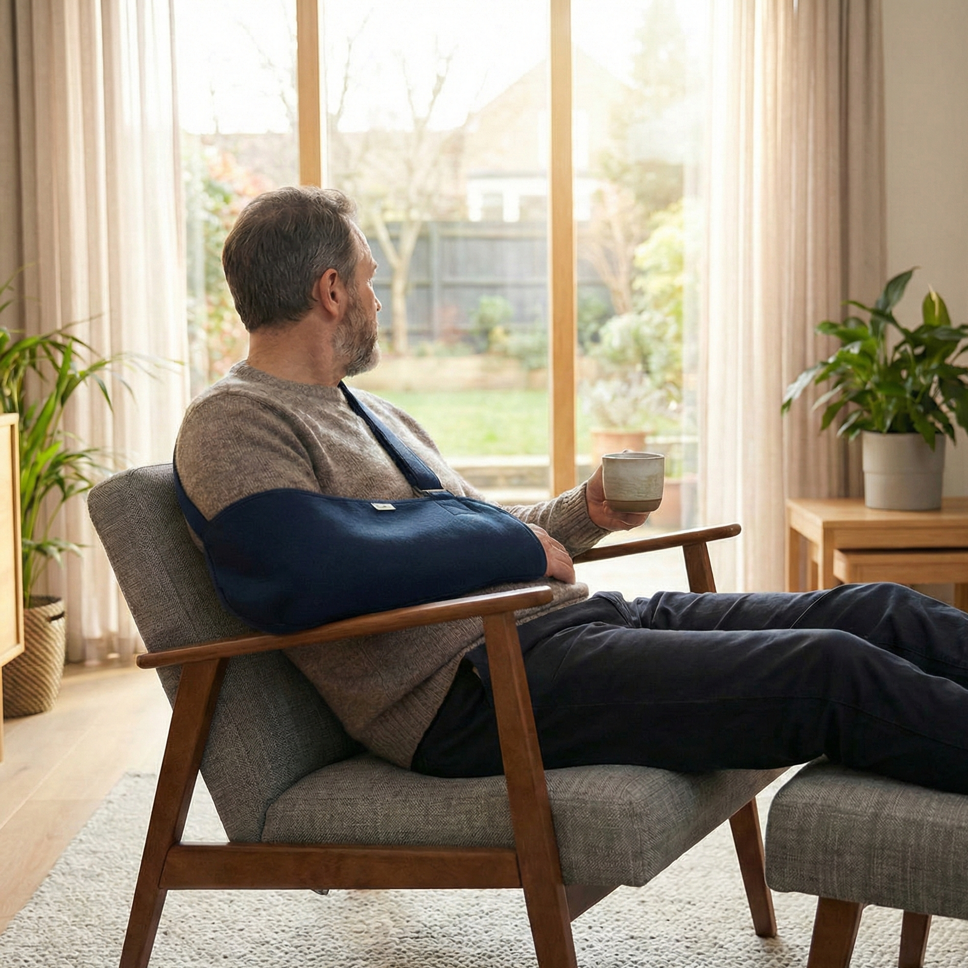 A man with a cast and brace on his right arm sitting on a gray armchair, holding a mug, in a sunlit living room with large windows and potted plants.  - Dr. Kevin Wall, Richmond, VA