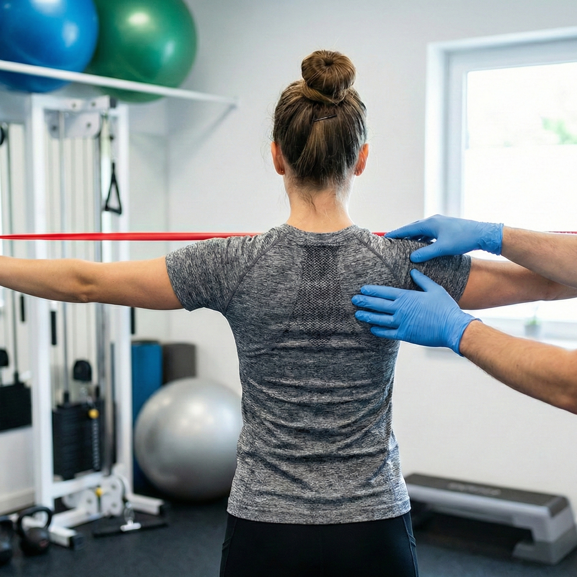 A woman is stretching her arms in a fitness room while a person in gloves assists her by pressing on her shoulder and back.  - Dr. Kevin Wall, Richmond, VA