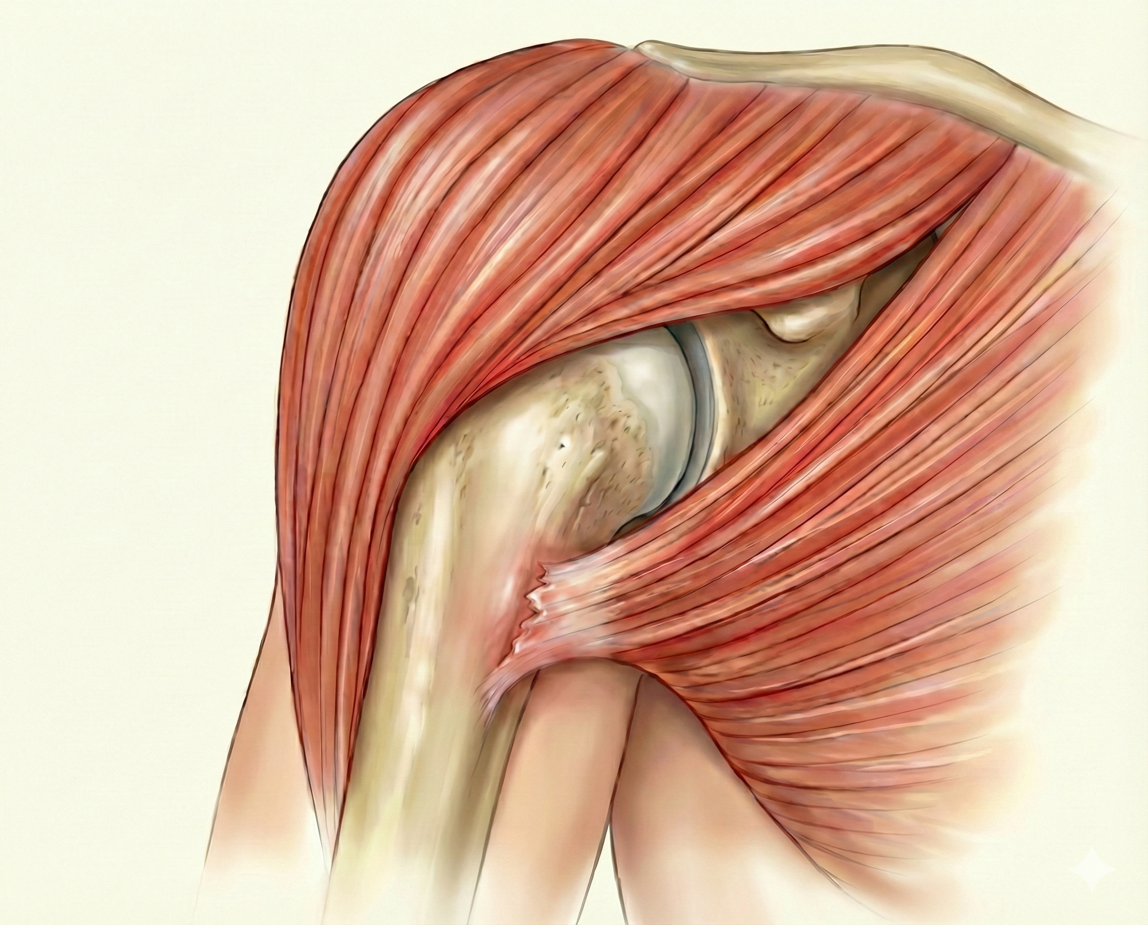 An anatomy illustration of the shoulder muscles, showing the deltoid muscle, shoulder joint, and upper arm bones. There is a tear at the pectoralis major tendon insertion. - Dr. Kevin Wall, Richmond, VA