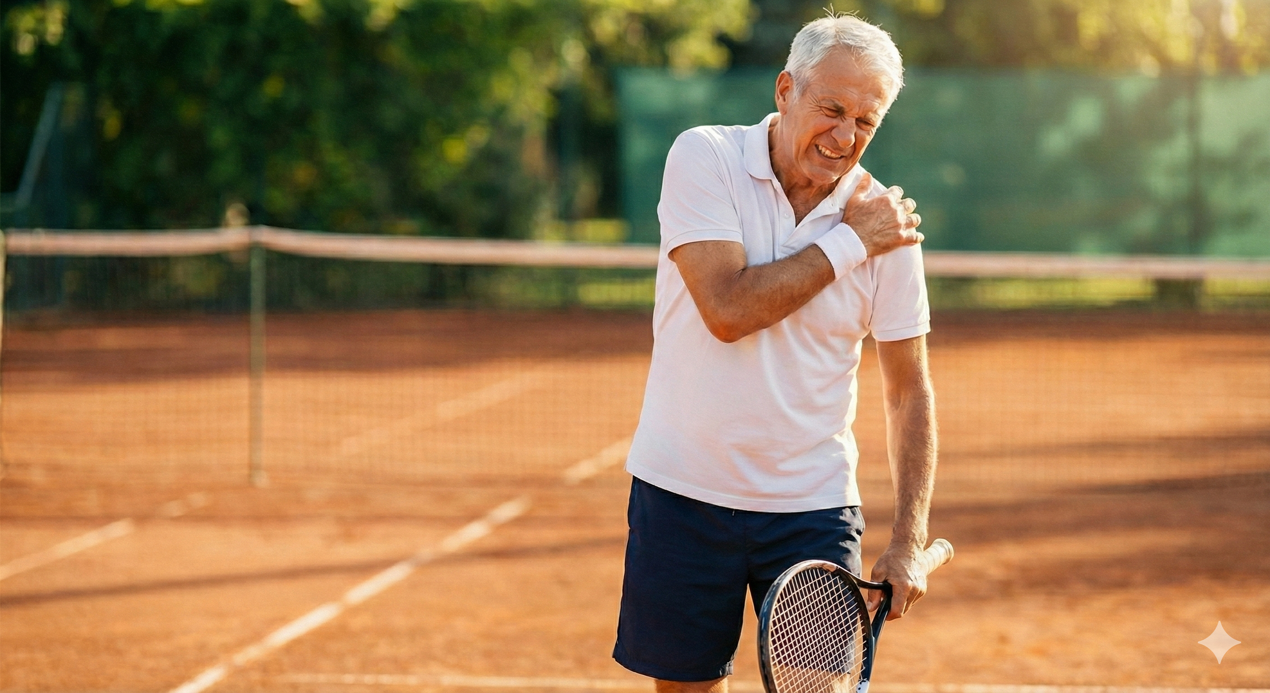 An elderly man on a clay tennis court, grimacing in pain, holding his chest with one hand and a tennis racket in the other.  - Dr. Kevin Wall, Richmond, VA
