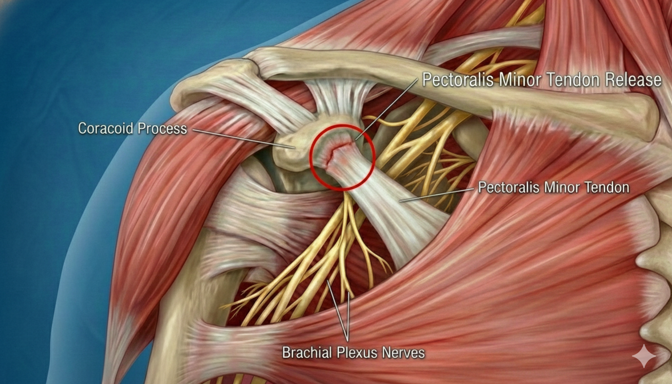 Anatomical illustration of shoulder muscles, tendons, and nerves, highlighting the coracoid process, pectoralis minor tendon, brachial plexus nerves. The pectoralis minor tendon has been surgically released. - Dr. Kevin Wall, Richmond, VA