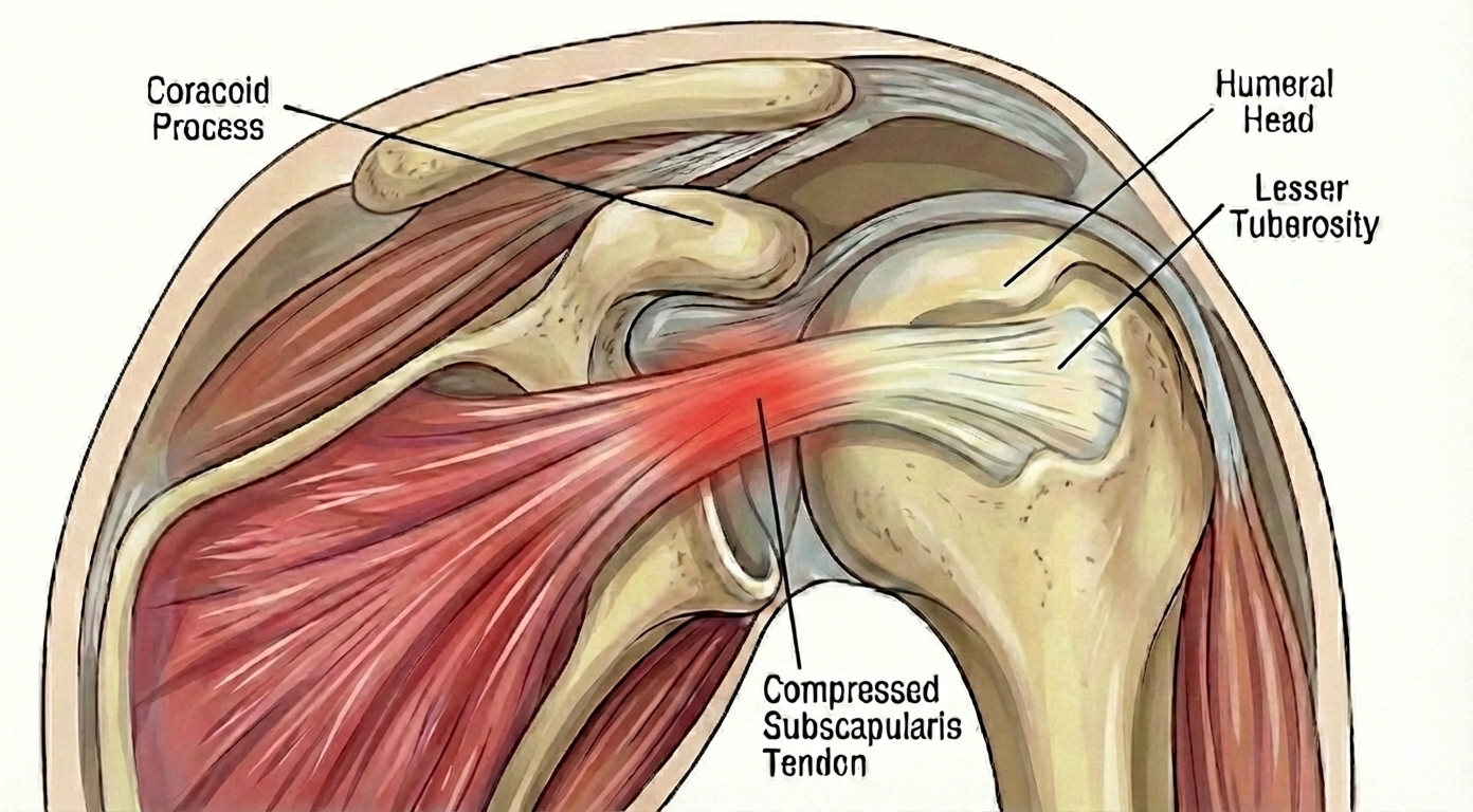A labeled anatomical illustration of a shoulder joint, showing bones and muscles, with labels for Coracoid Process, Humeral Head, Lesser Tuberosity, and a compressed Subscapularis Tendon, indicating subcoracoid impingement. - Dr. Kevin Wall, Richmond