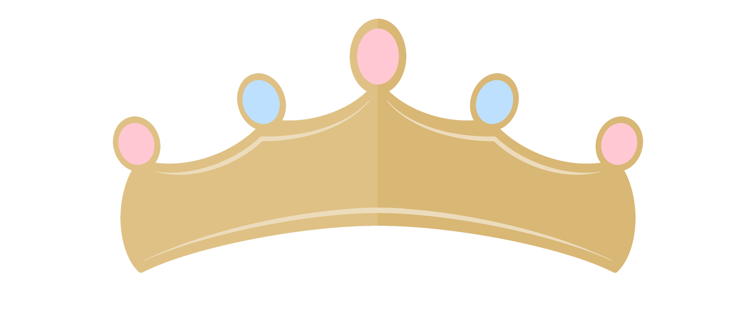 A cartoon illustration of a princess crown with five pink and blue oval jewels on a black background.