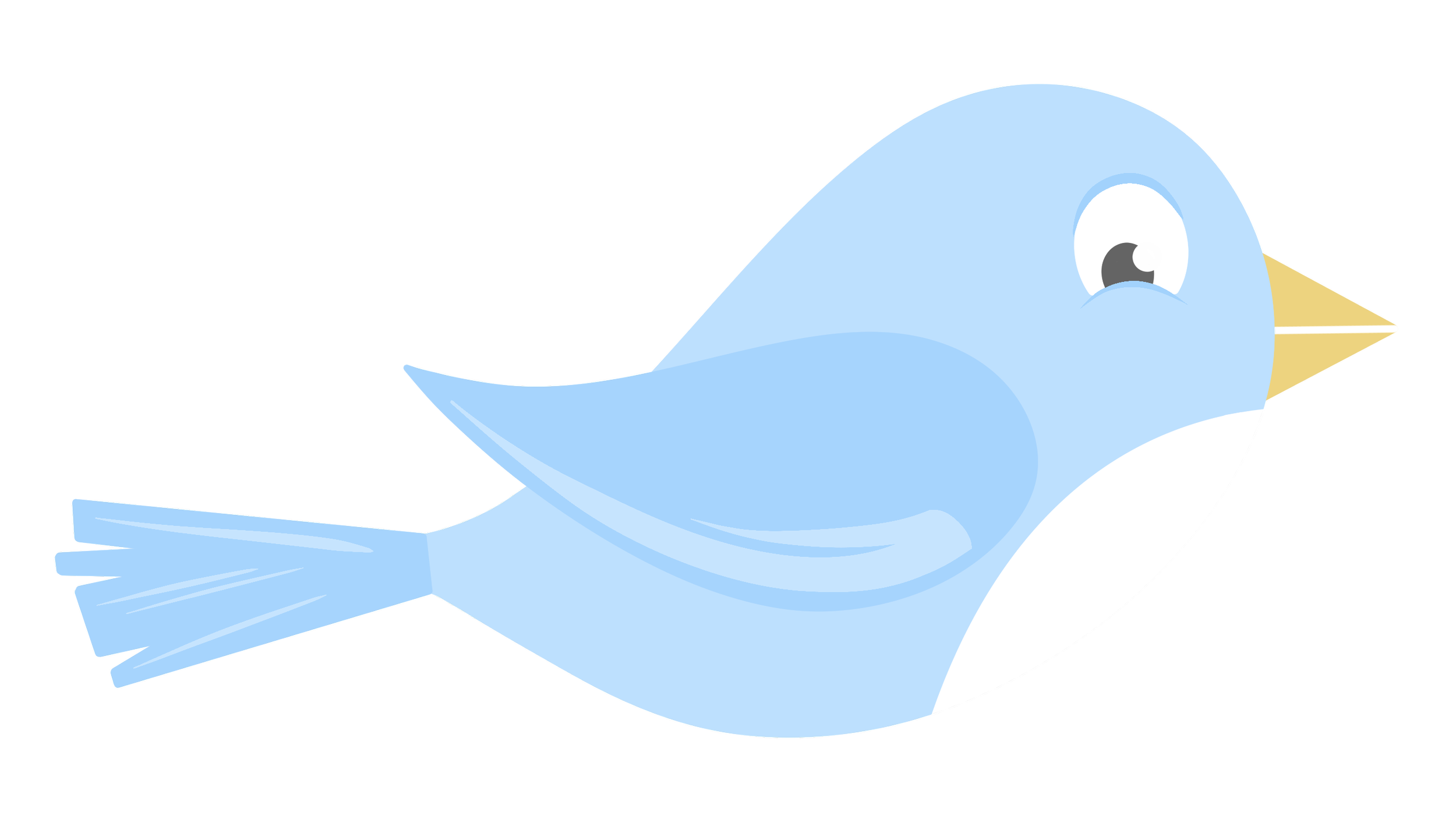 Illustration of a cartoon blue bird with a yellow beak, white belly, and a large eye, facing right on a black background.