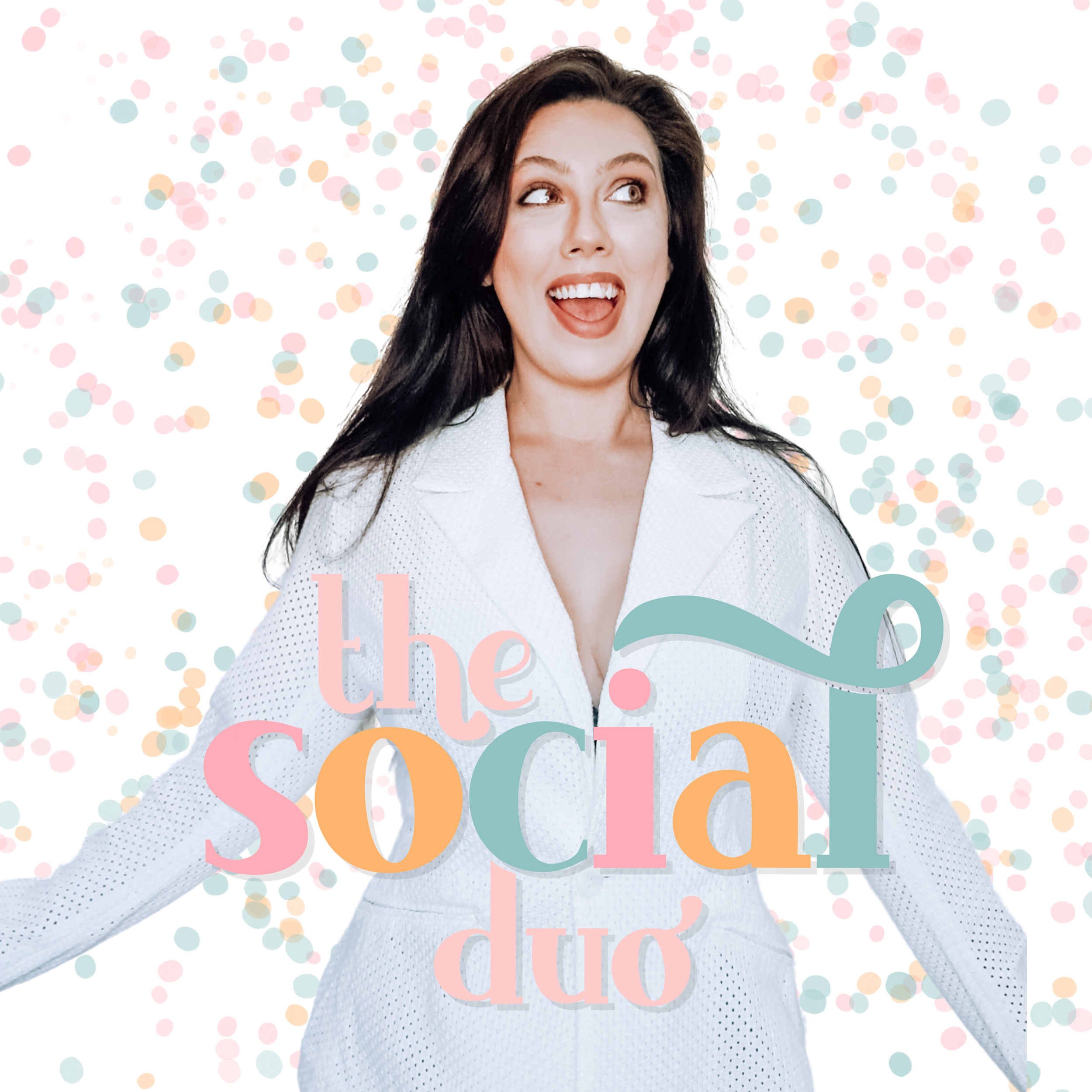 A woman with long dark hair, wearing a white textured jacket, looks happily to the side with confetti falling around her. The text on the image reads 'the social duo' in pastel colors.