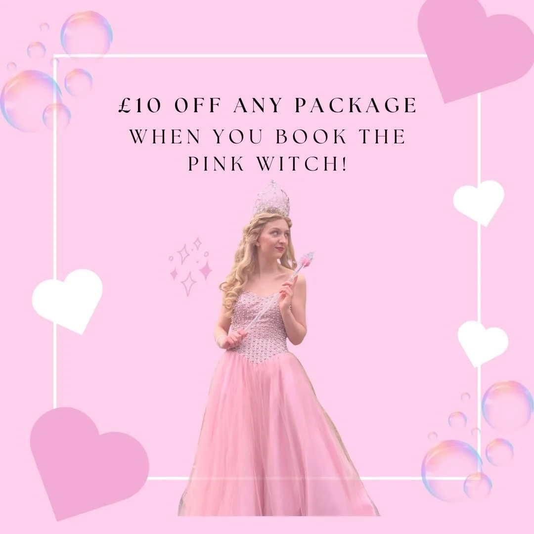 Are you looking for something&hellip;.or perhaps, someone? 💁&zwj;♀️

Save &pound;10 on any party package when you book our Pink Witch! 🩷✨

Contact us to book your &lsquo;popular&rsquo; party! 🩷

Valid on 2026 parties only. 

Offer ends 30th June 2