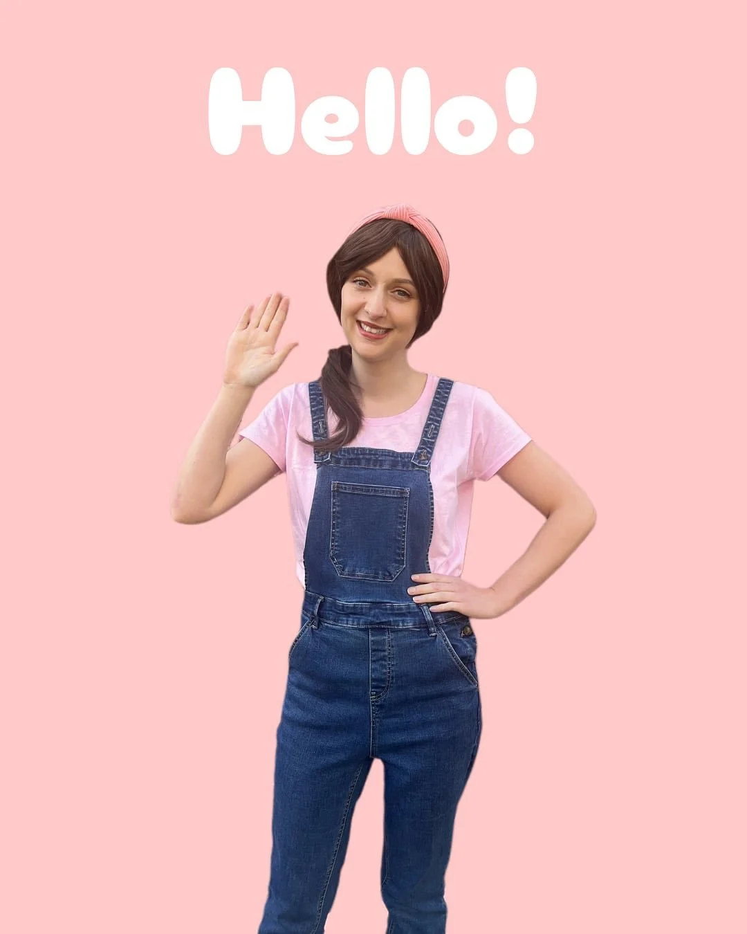 A woman with short brown hair, pink headband, pink t-shirt, and denim overalls, smiling and waving against a pink background with the word "Hello!" in white at the top.