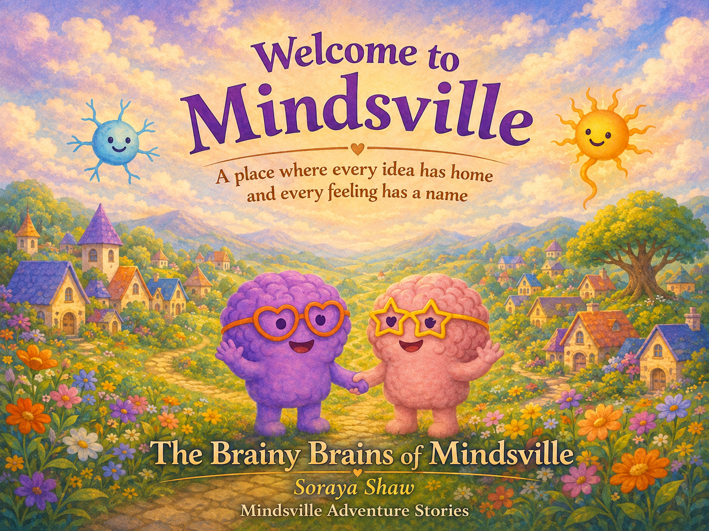 Colorful children's book cover titled "Welcome to Mindsville." Features two cartoon brain characters holding hands, one purple with red glasses, the other pink with yellow star-shaped glasses, smiling on a rural village background with flowers, trees, houses, and a sky with smiling sun and blue, purple, and yellow clouds.