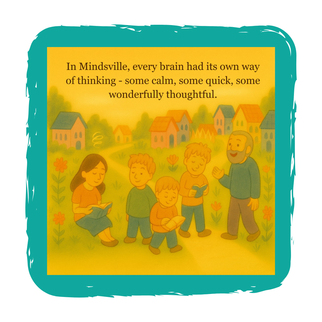Illustration of children and an adult in a village with houses and flowers, with a quote about different ways of thinking in Mindsville.