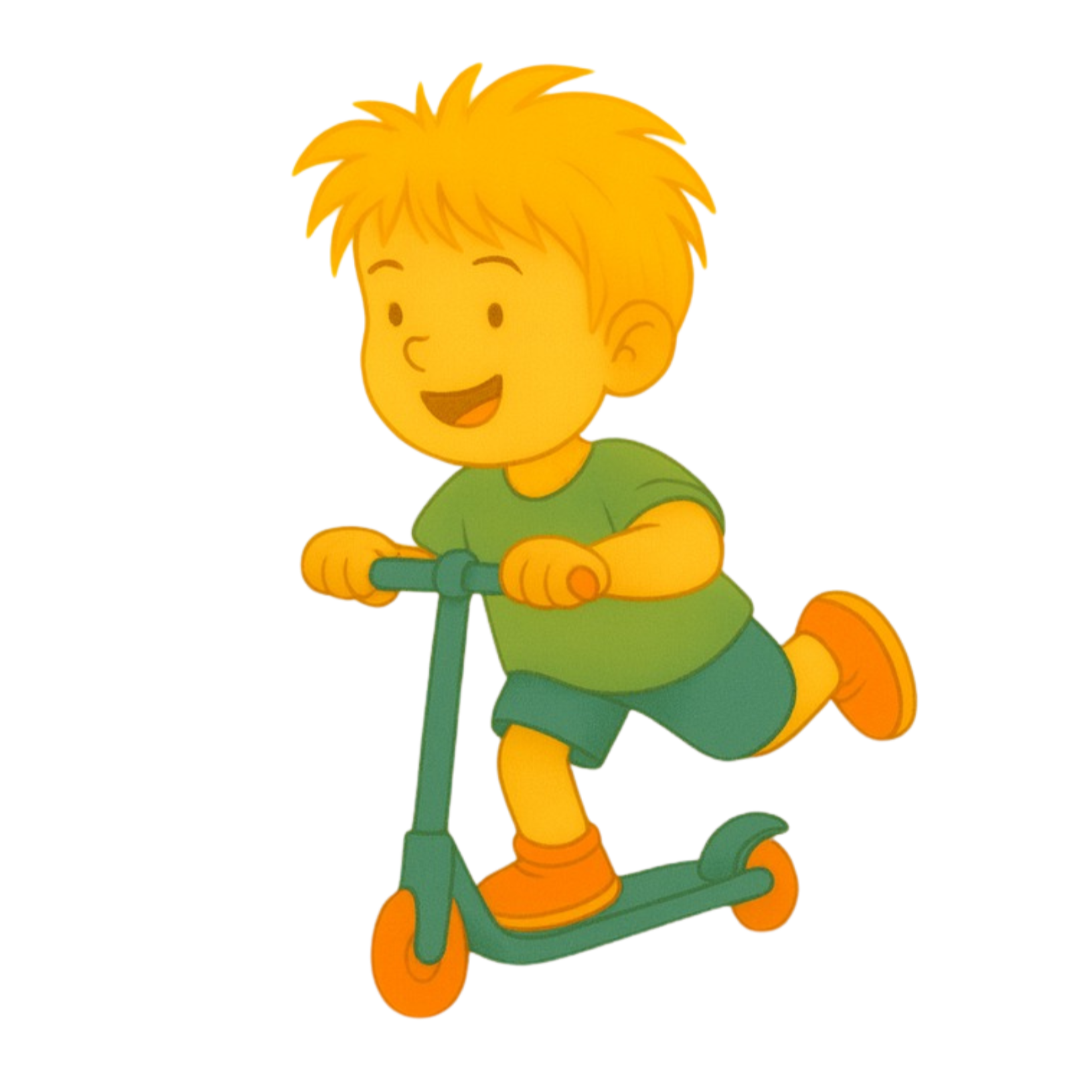 A cartoon boy with yellow hair riding a green scooter, smiling, wearing a green shirt, blue shorts, and orange shoes.