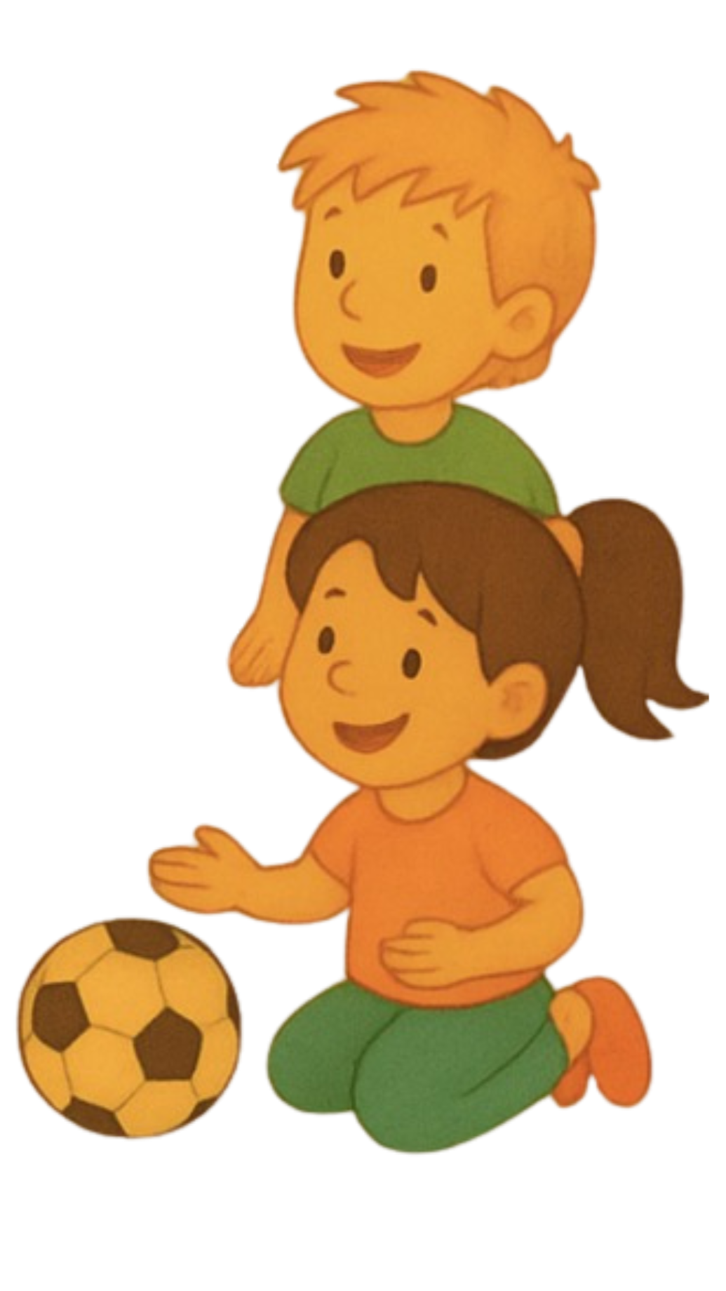 A cartoon boy with orange hair and a girl with brown hair in pigtails playing with a soccer ball.