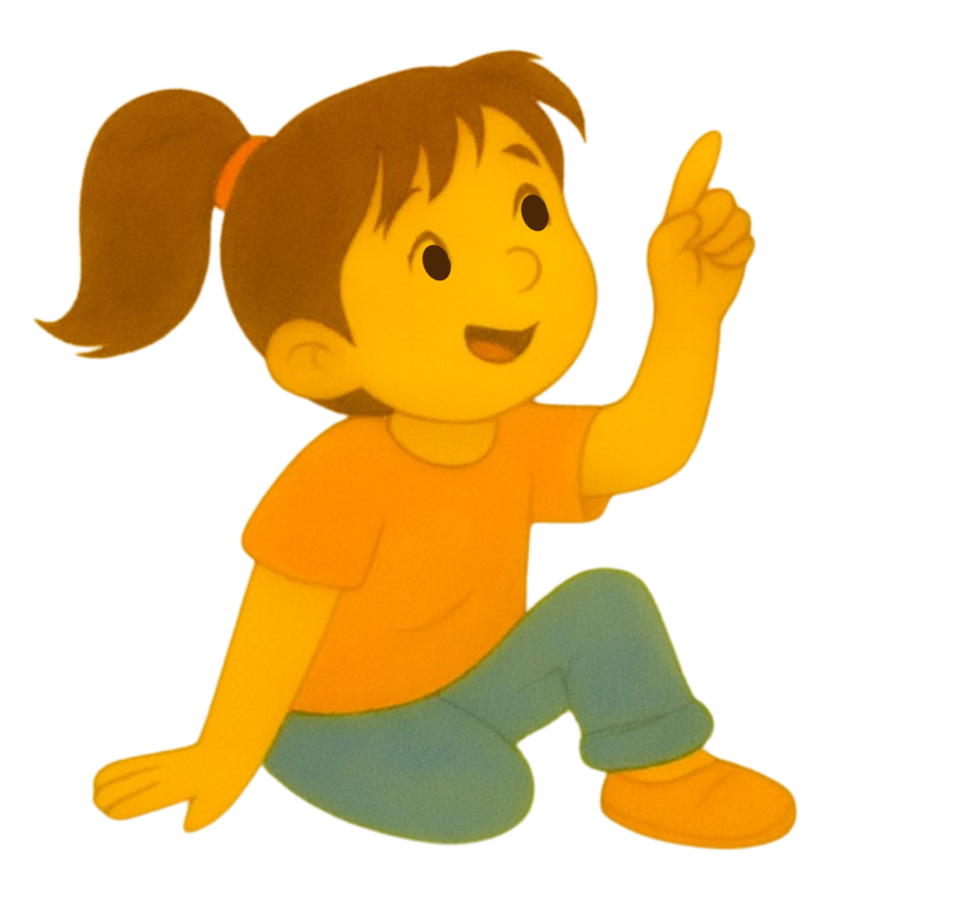 A cartoon girl with brown hair tied in a ponytail, wearing an orange t-shirt, blue jeans, and orange shoes, sitting on the floor with one knee up, smiling and pointing upward with her right index finger.