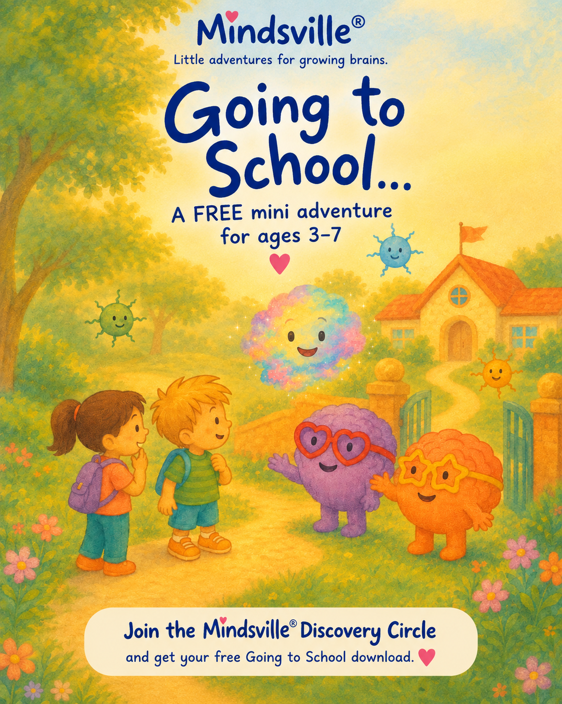 Colorful illustrated book cover titled "Going to School..." with cartoon children, happy rainbow and smiling bacteria characters, and a school in a park setting, promoting a free mini adventure for children ages 3-7.