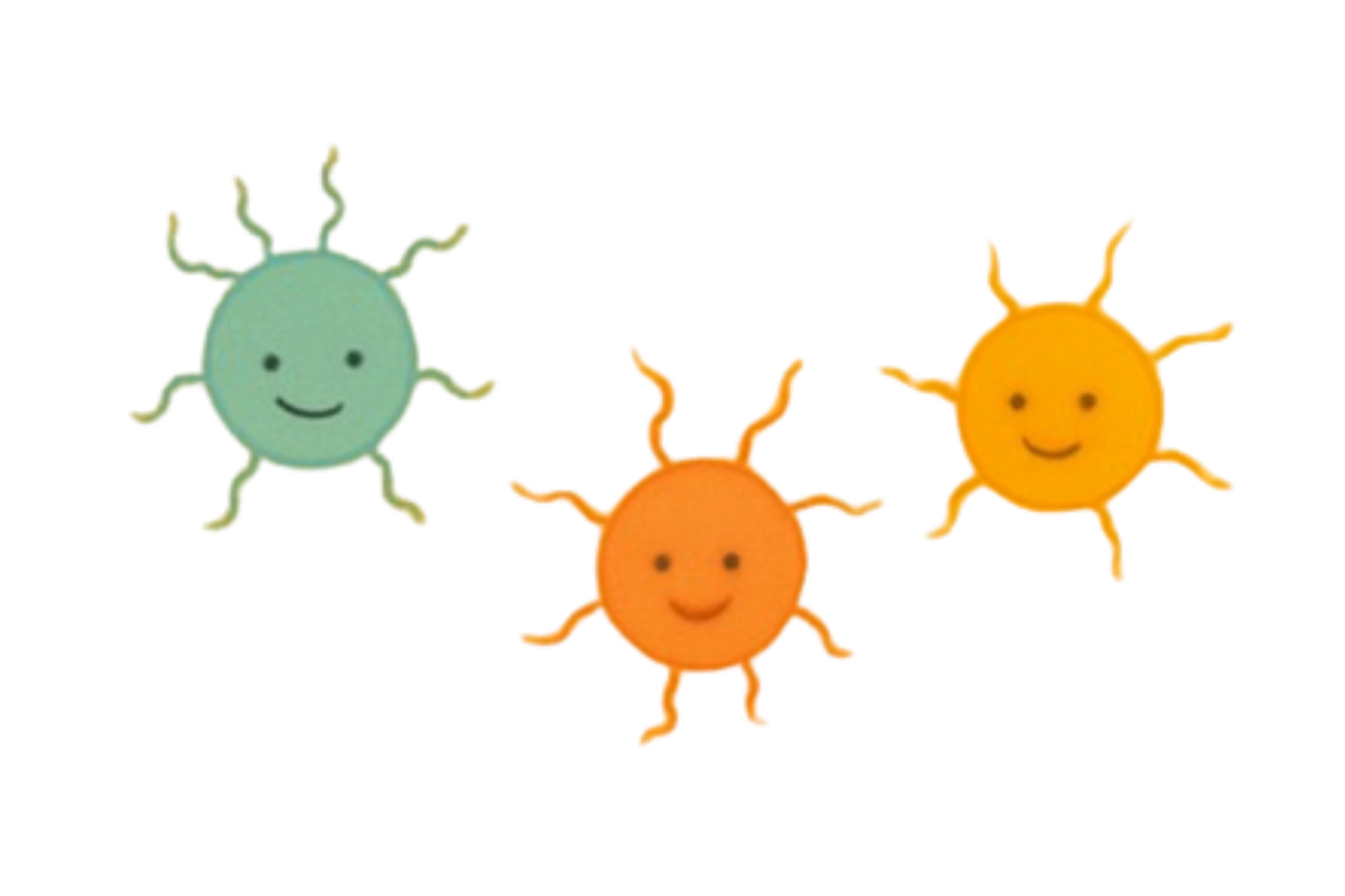 Three cartoon representations of neurons with smiling faces, in blue, orange, and yellow colours, each with wavy rays.