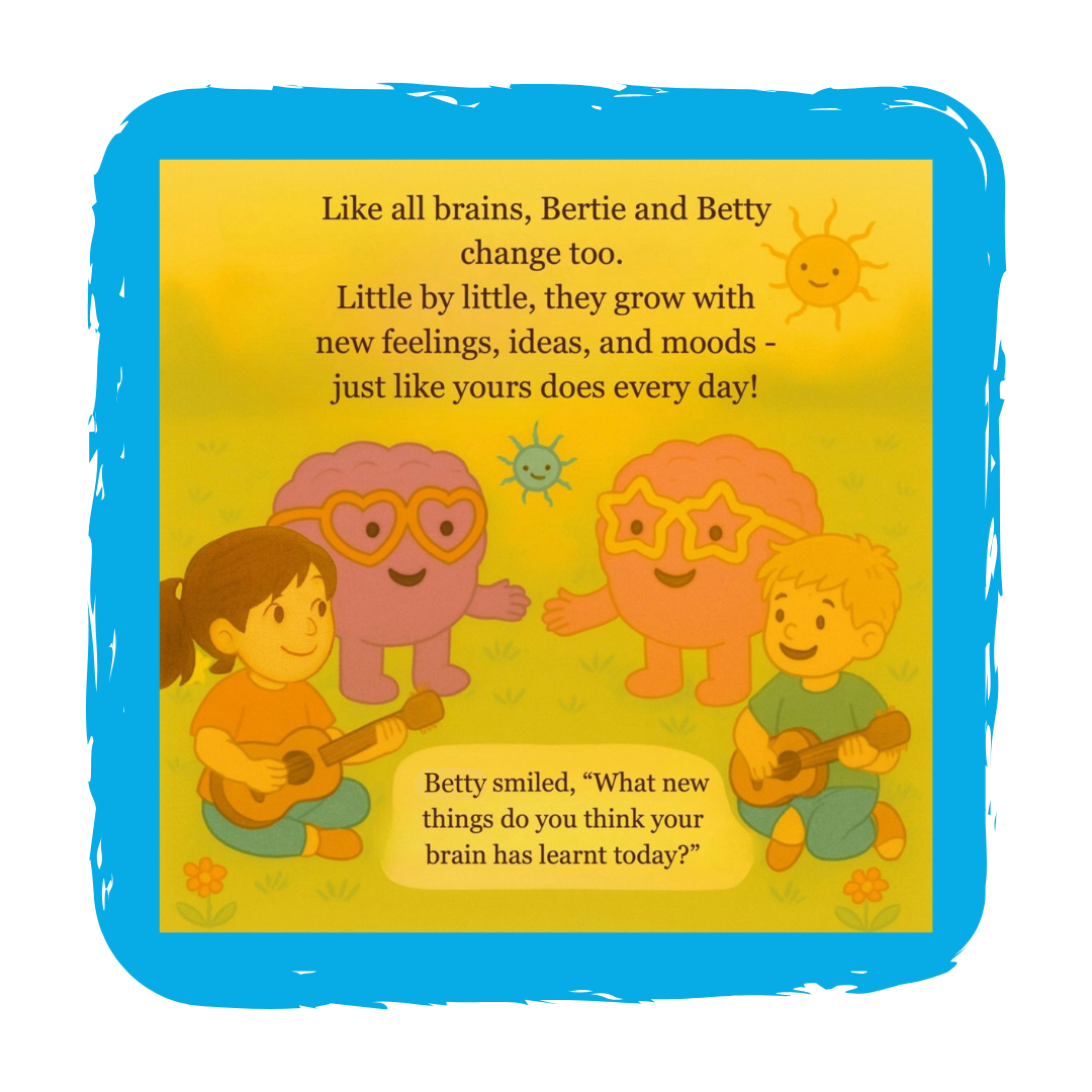Colorful children's book page with illustrations of two kids playing guitars and animated sun and brain characters, containing a motivational message about change and growth, and a question about new things learned.