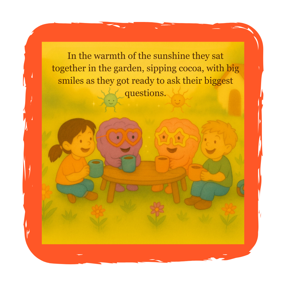 Children and colorful creatures sitting at a garden table, smiling, with a sunny background and cheerful sun and virus illustrations, accompanied by a poem about sunshine and questions.