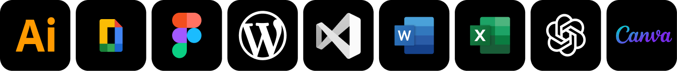 Loghi di software e piattaforme di competenza di Samuela, tra cui Adobe Illustrator, Google Slides, Figma, WordPress, Visual Studio Code, Microsoft Word, Excel, Canva e altre.