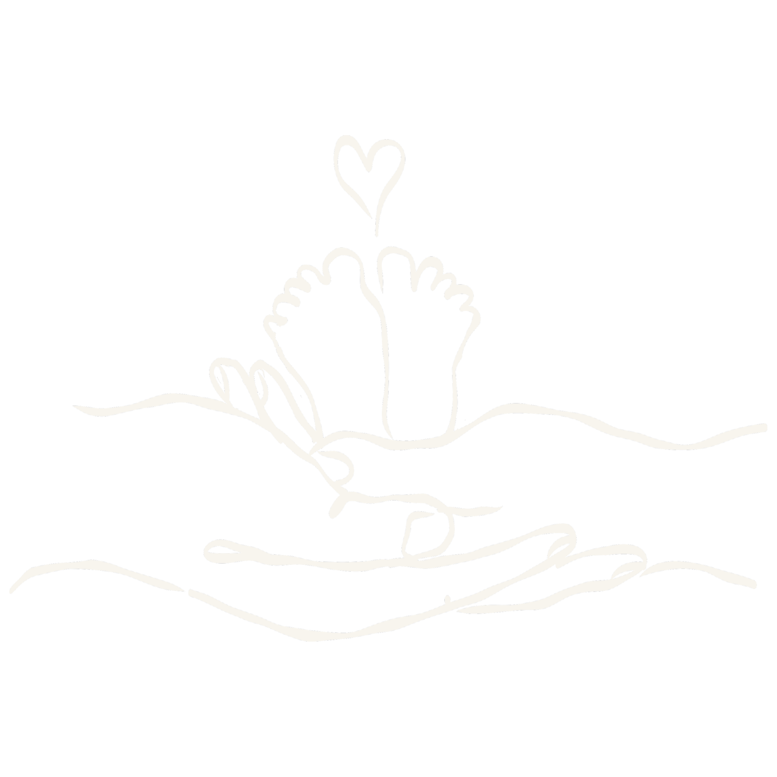 Skizze von zwei Händen, die eine größere Hand halten, aus der zwei Füße mit Zehen und ein Herz darüber herausragen.