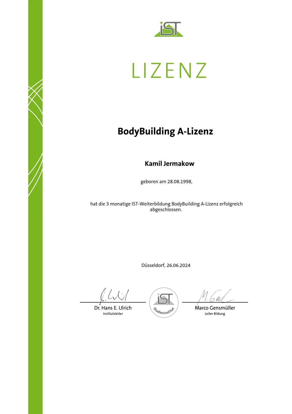 Zertifikat Bodybuilding Trainer A-Lizenz. Schwerpunkt Muskelaufbau und Hypertrophie