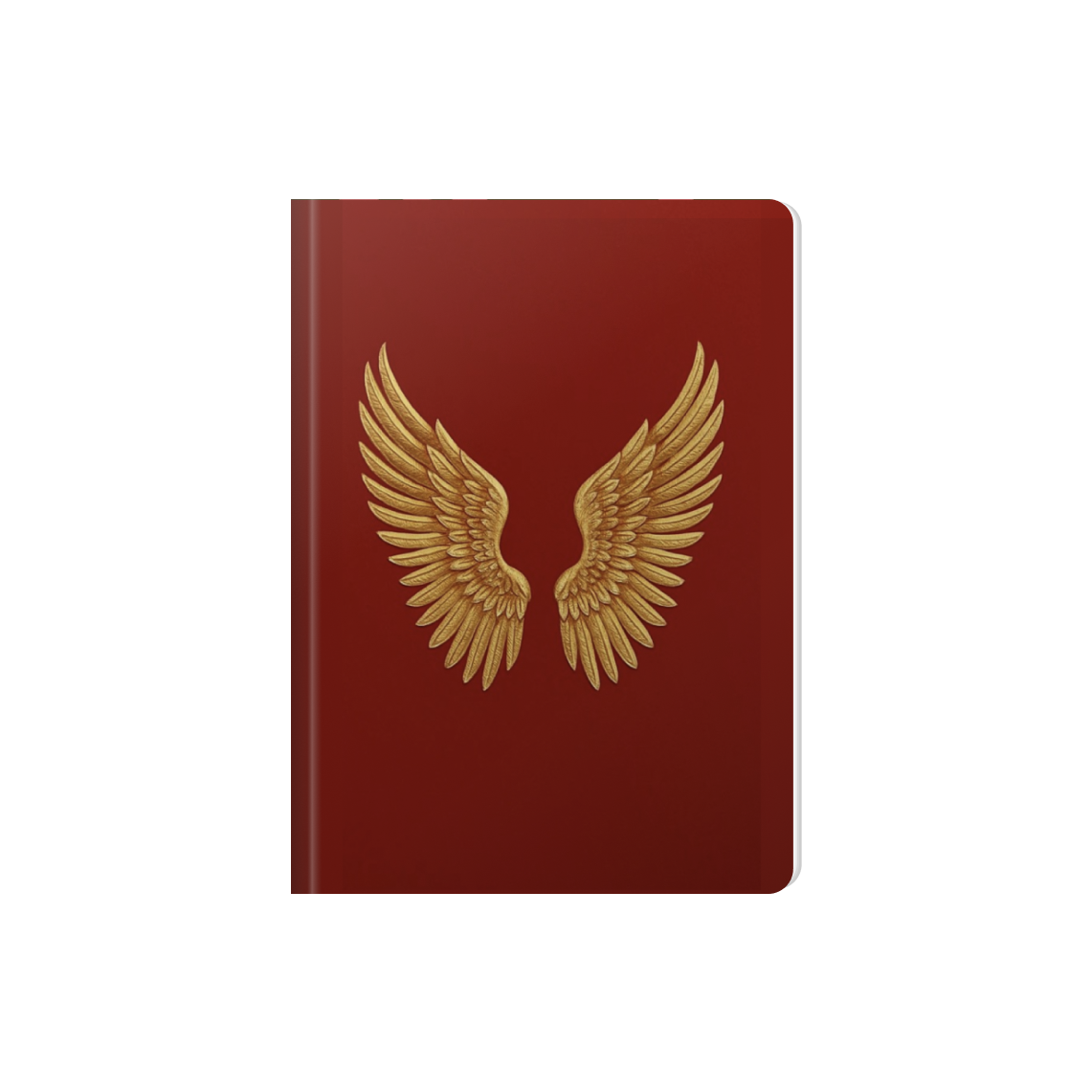 Red book with gold angel wings emblem on cover.